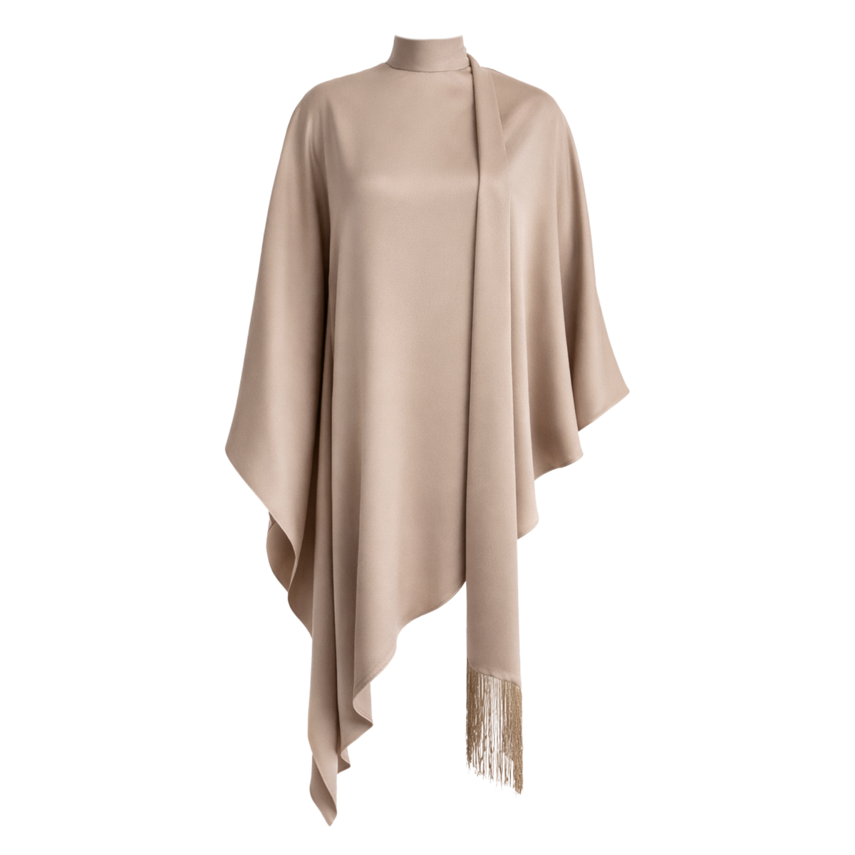 HIGH NECK SHAWL DETAIL SATIN SET BEIGE