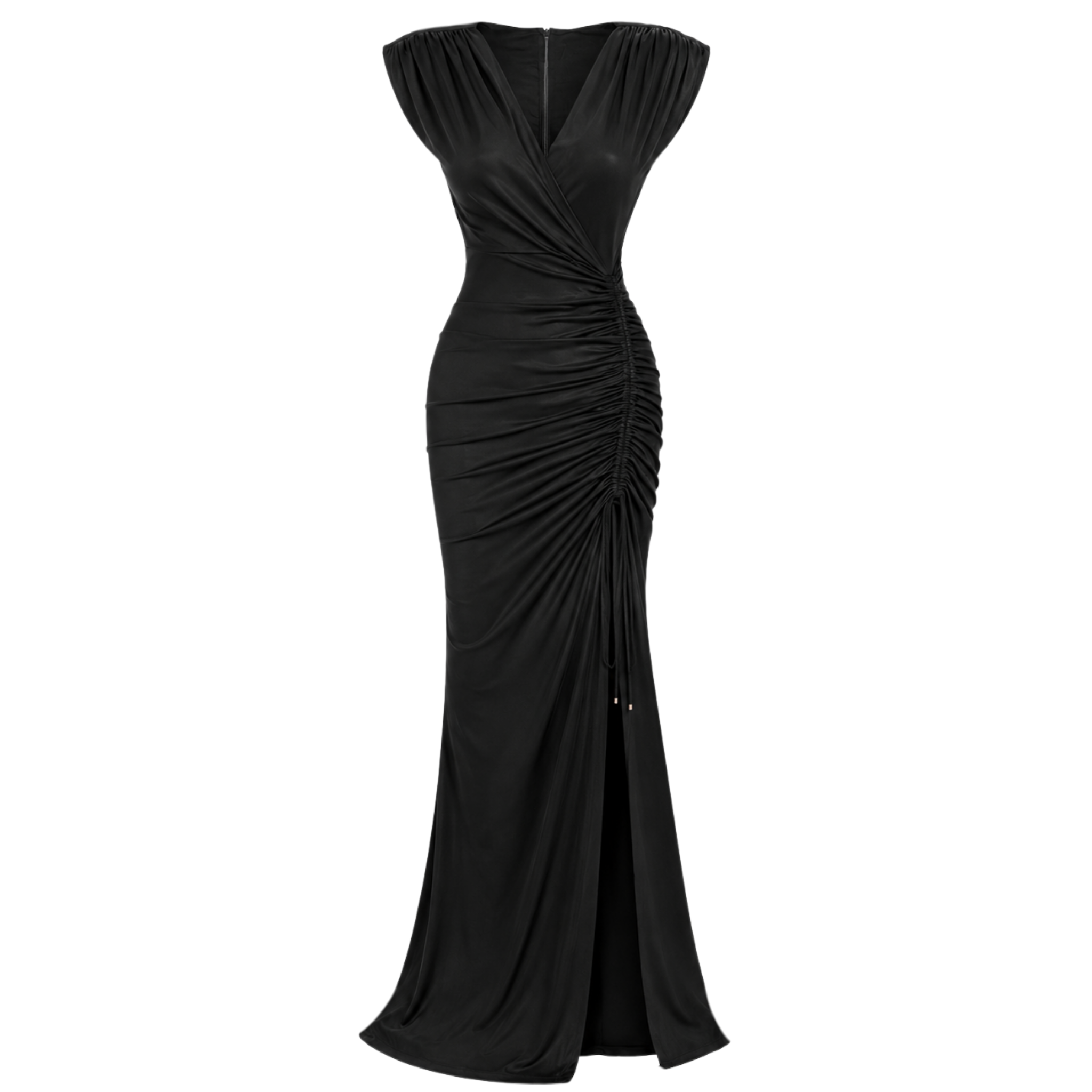 SLIT DETAIL PADDED SHOULDERS EVENING DRESS BLACK