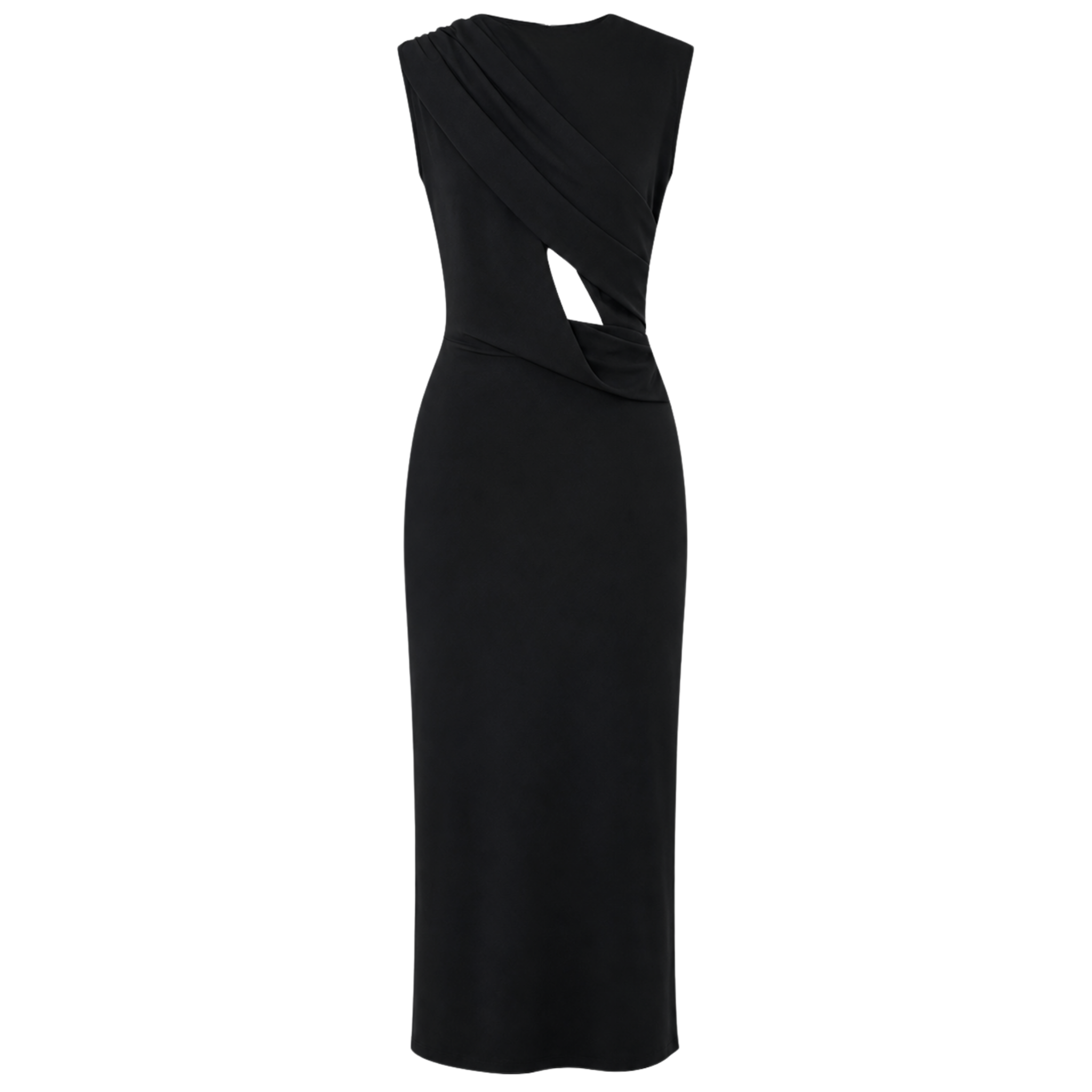 WAIST AND ACCESSORY SHOULDER DETAIL DRAPED MAXI LENGTH DRESS BLACK