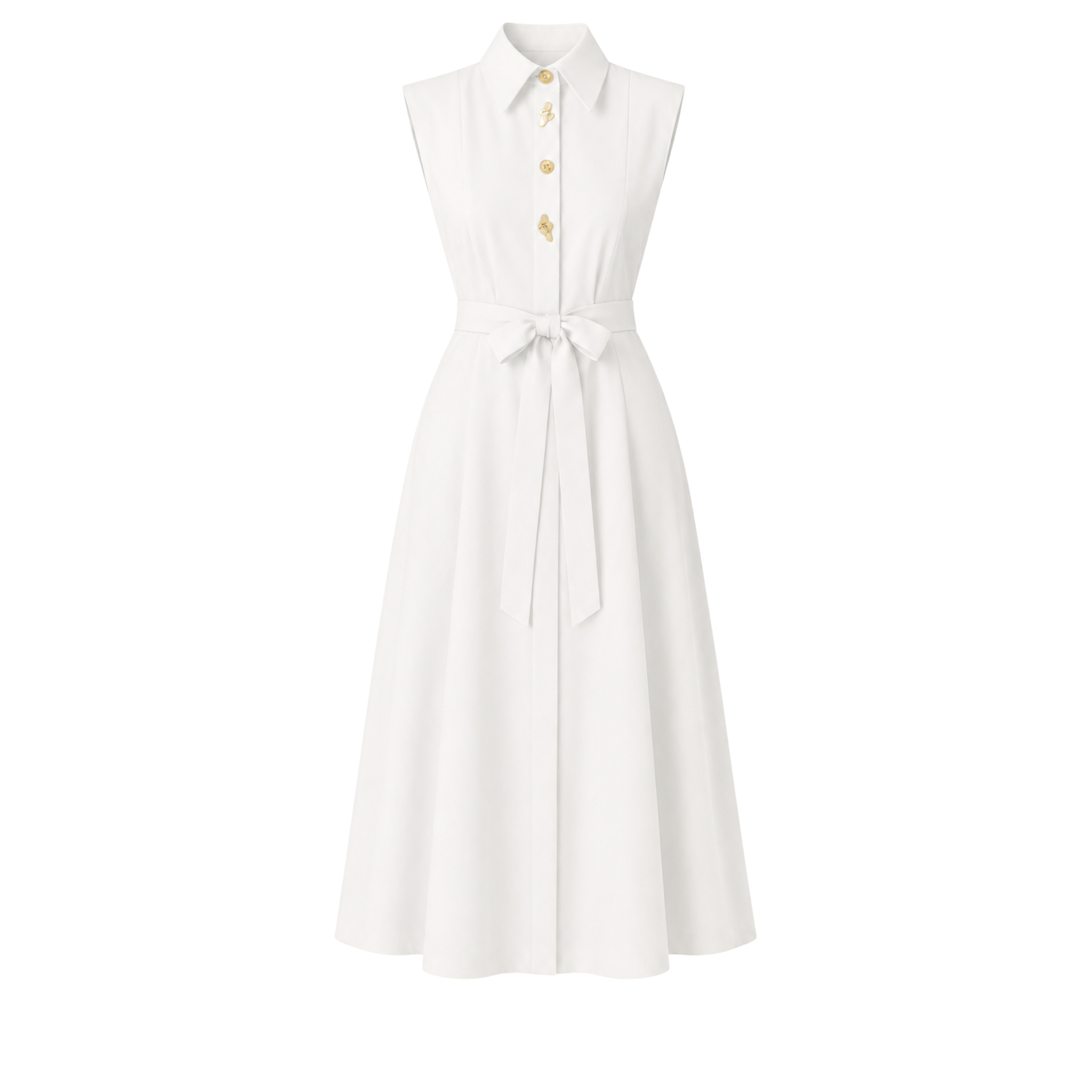 BUTTON DETAIL BELTED WAIST COTTON DRESS ECRU