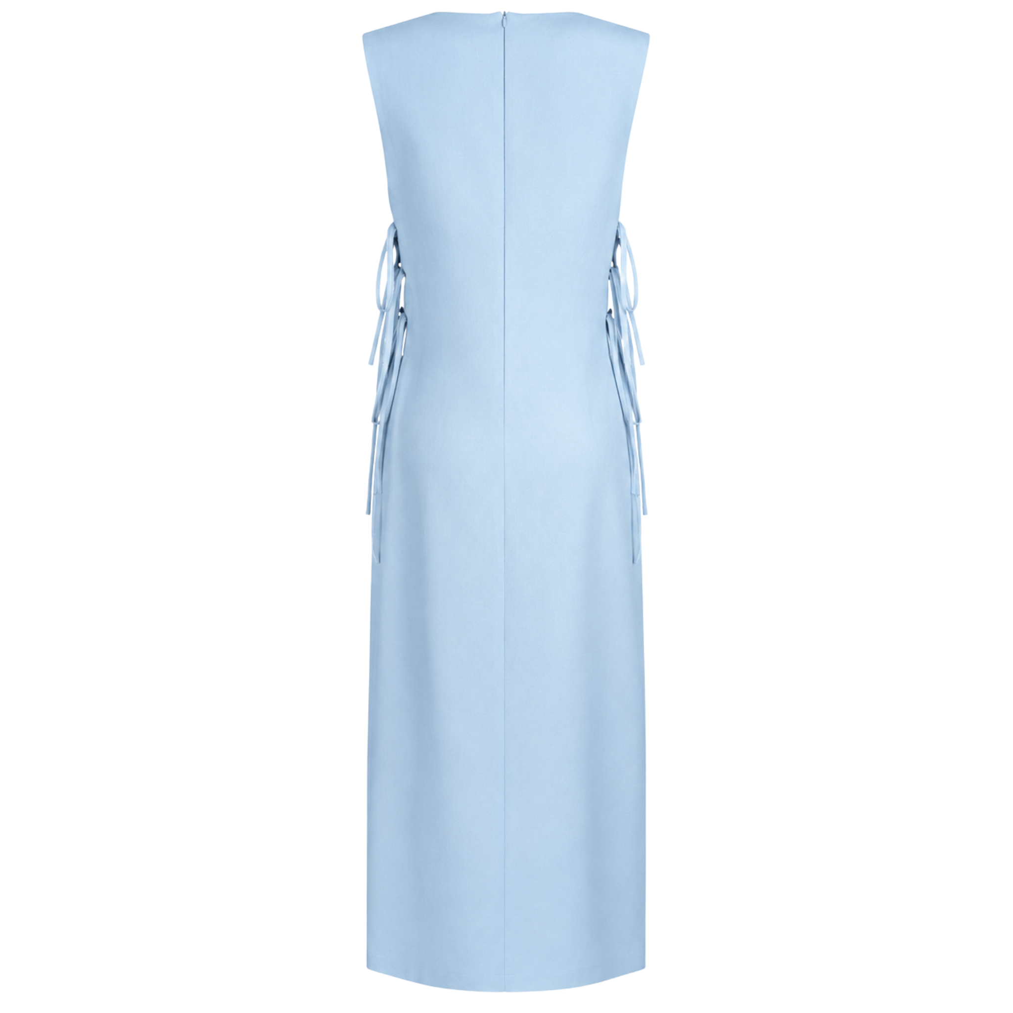 DOUBLE SLIT SIDES KNOT DETAIL LINEN DRESS BLUE