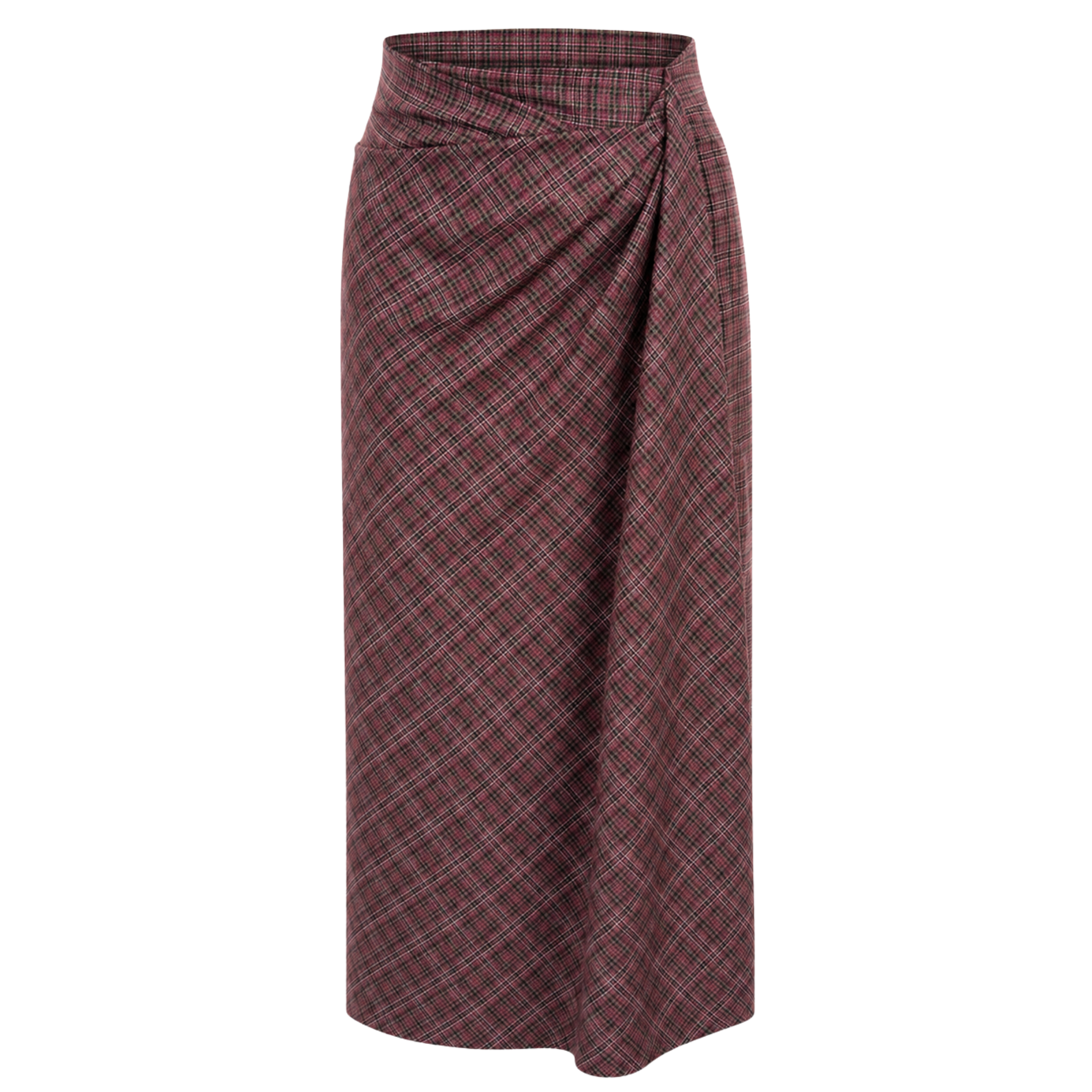 SIDE SLIT CHECK PATTERN DRAPED SKIRT BURGUNDY