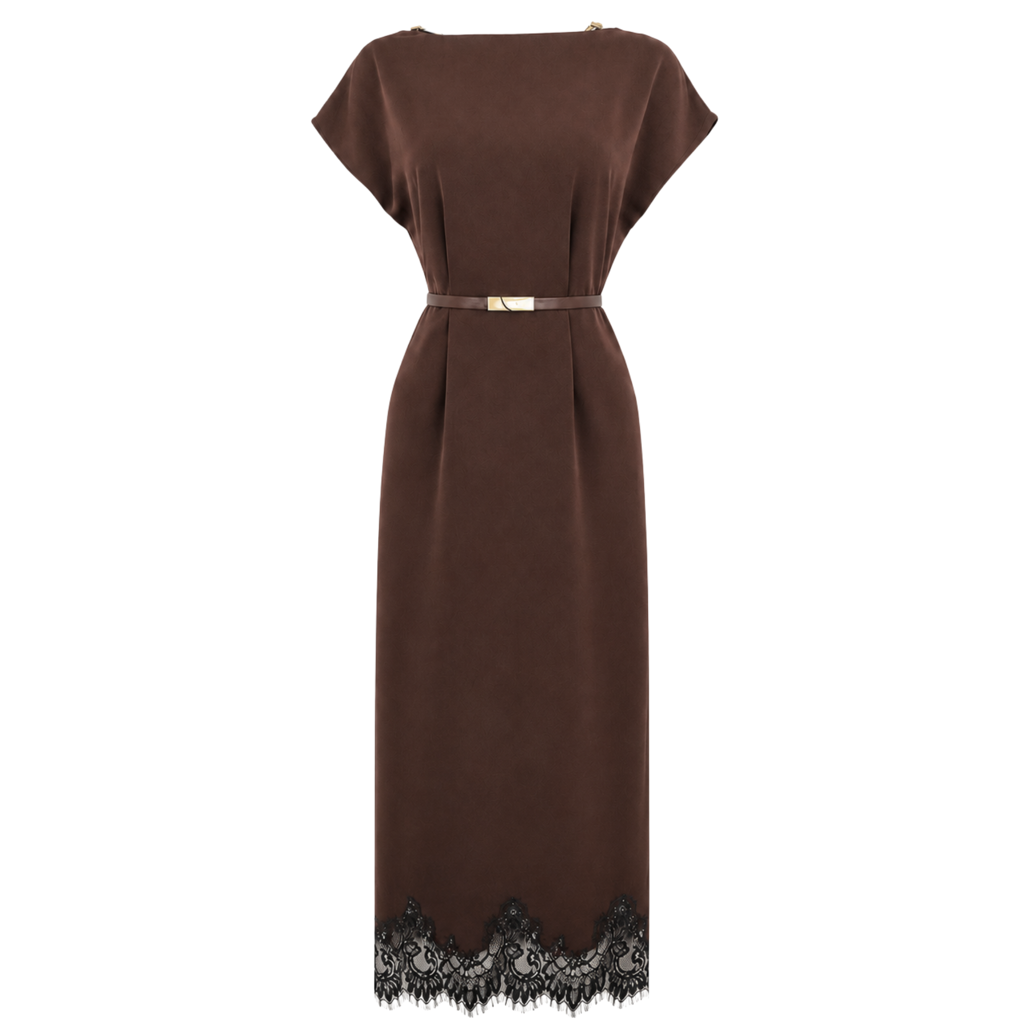 LACE SKIRT BELTED WAIST DRESS BROWN