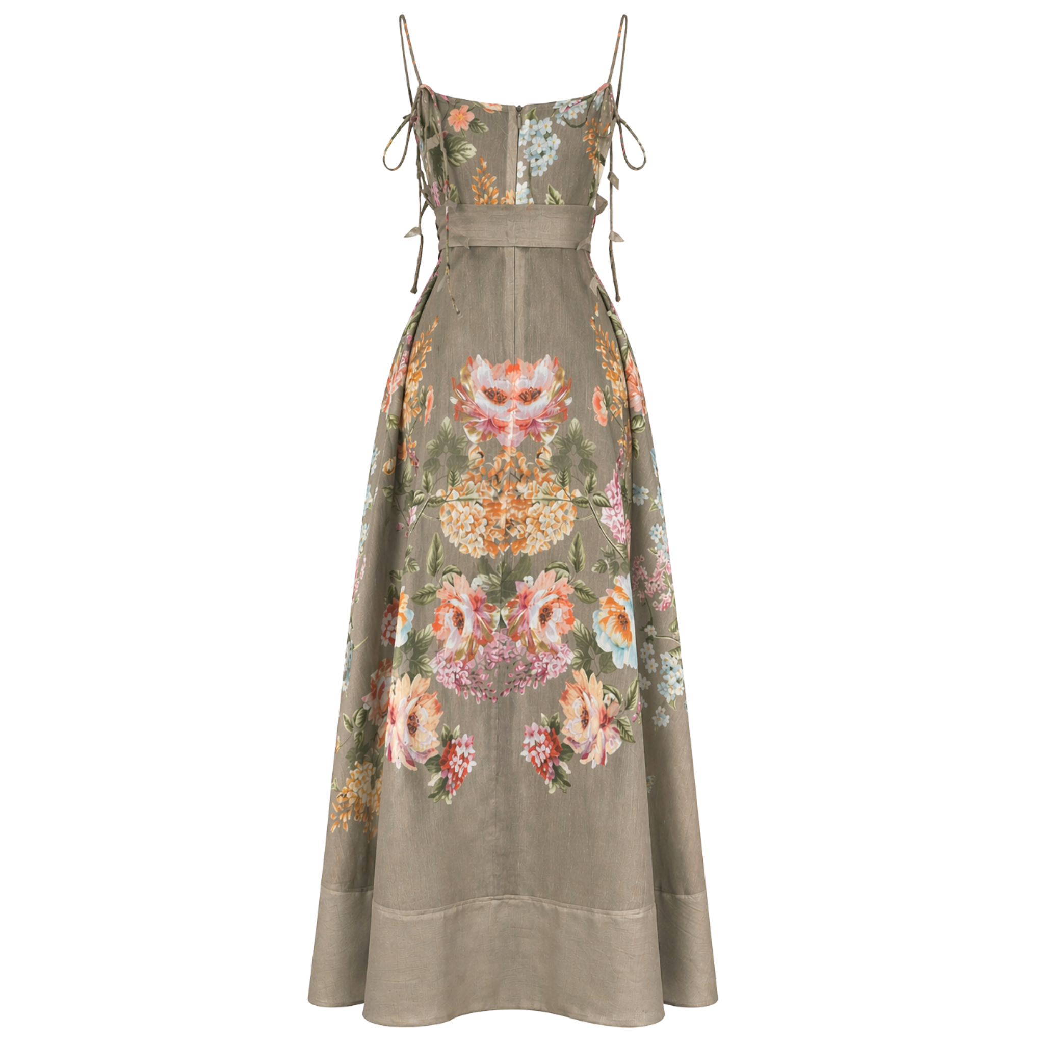 FLORAL PRINT PLEAT DETAIL MAXI LENGTH DRESS KHAKI