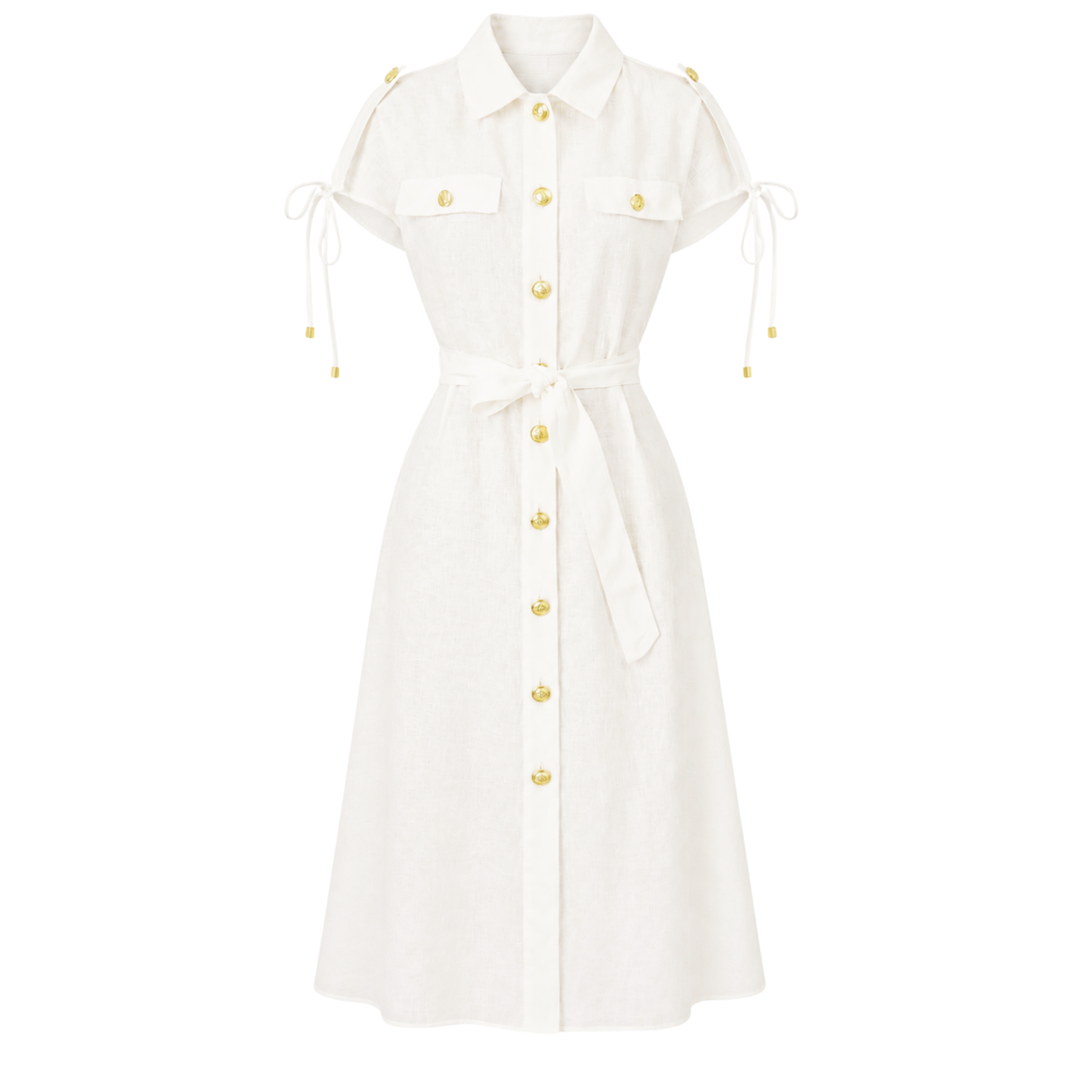GOLD BUTTONS 100% LINEN DRESS ECRU