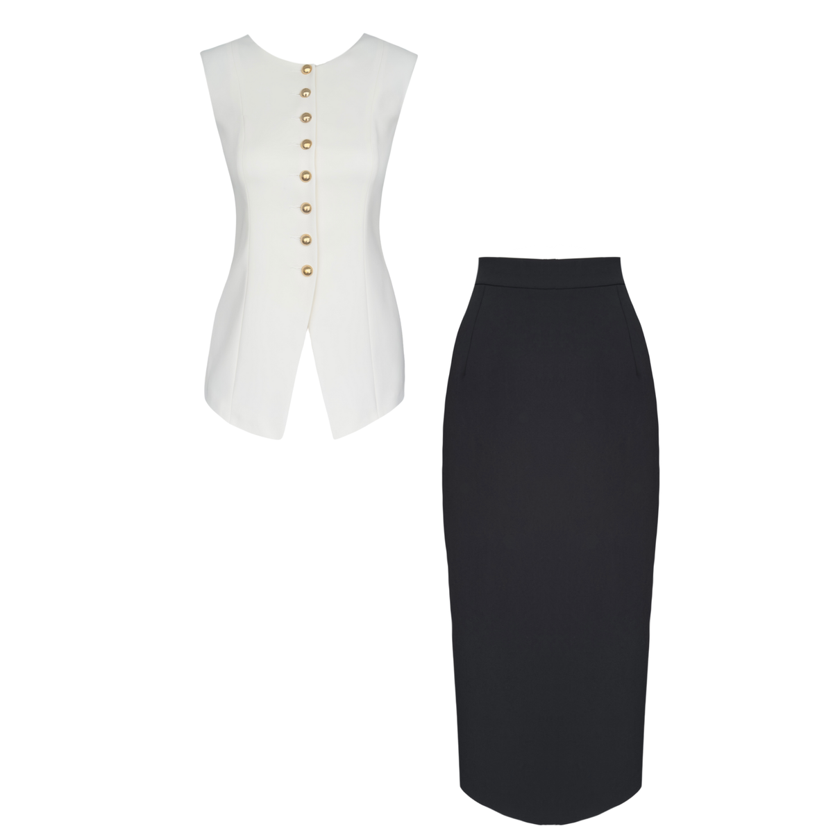 GOLD BUTTONS VEST AND PENCIL SKIRT SET