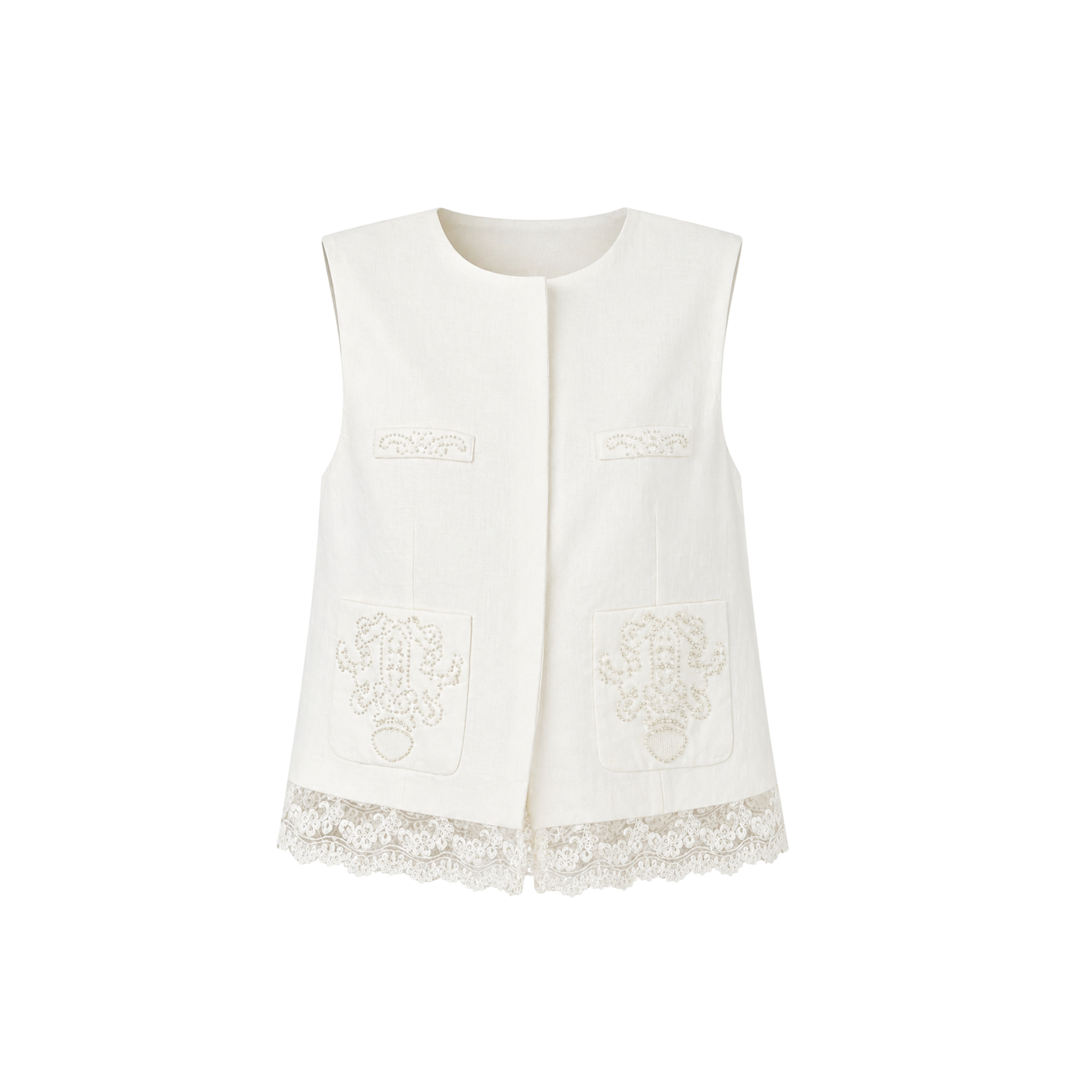 GUIPURE DETAIL 100% LINEN VEST AND TROUSERS SET ECRU