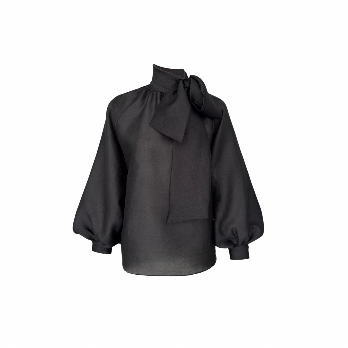 AT THE NECK TIE-FASTENING PUFF SLEEVE OVERSIZED BLOUSE BLACK