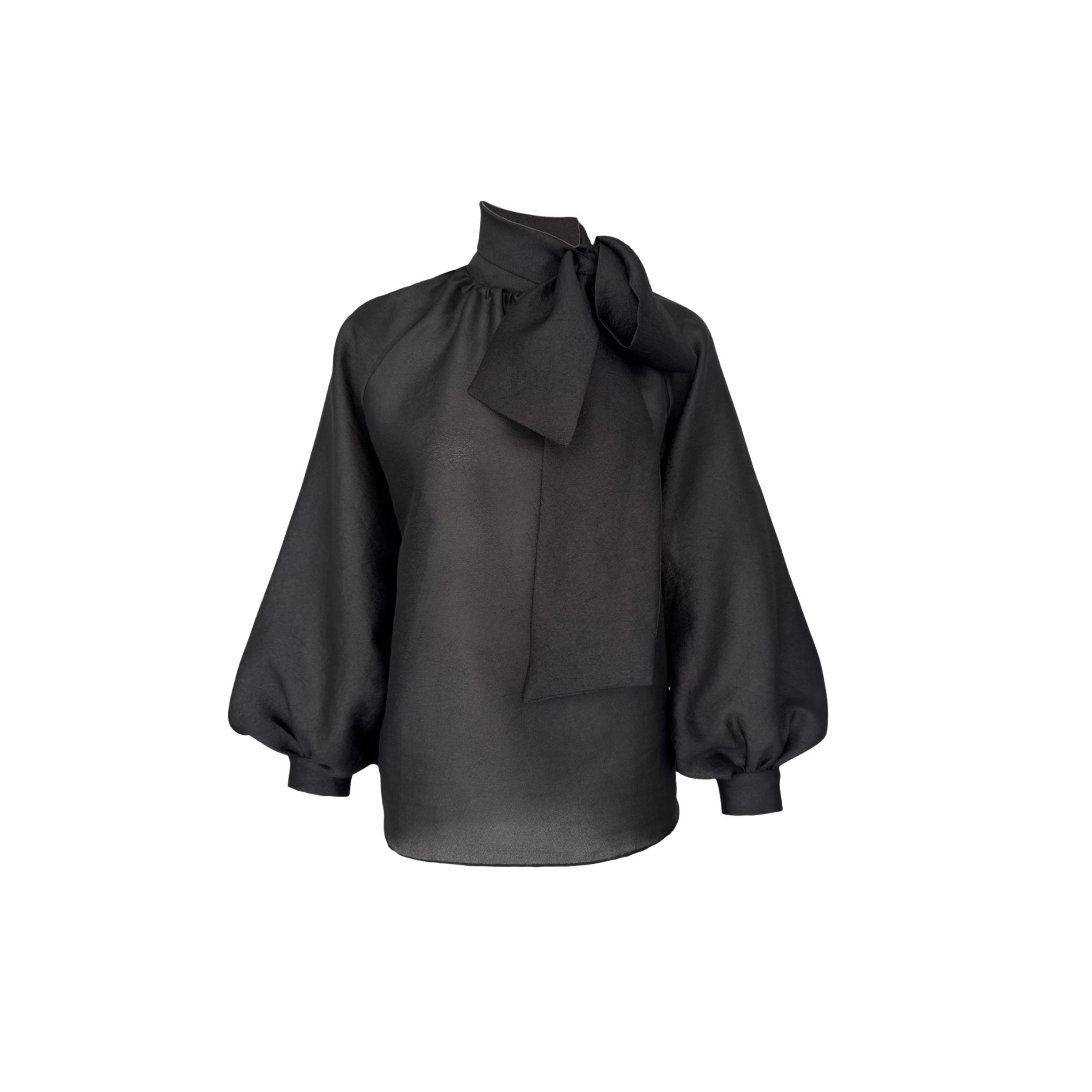 AT THE NECK TIE-FASTENING PUFF SLEEVE OVERSIZED BLOUSE BLACK