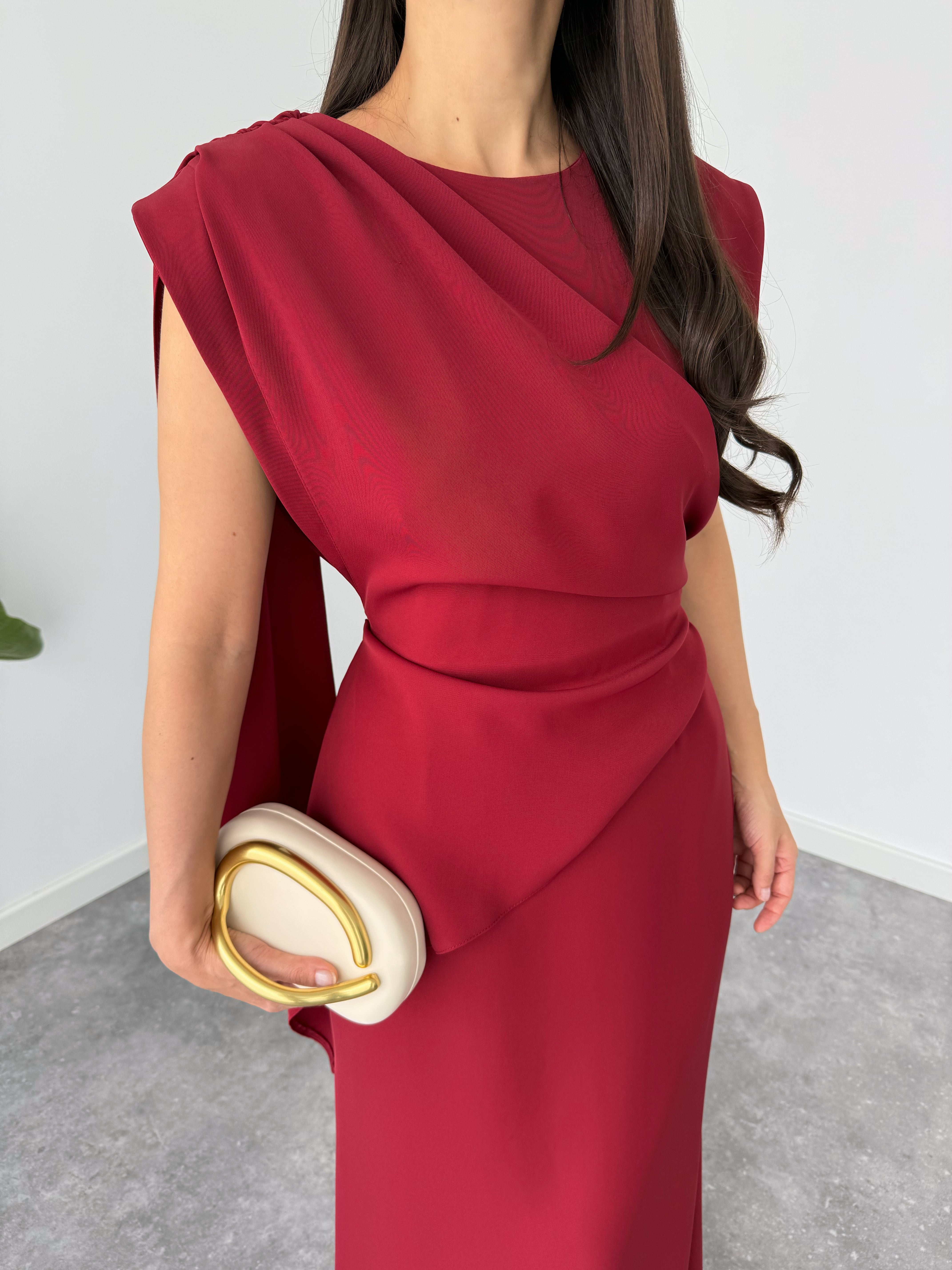 SHAWL SHOULDER DETAIL FLOWY DRESS BURGUNDY