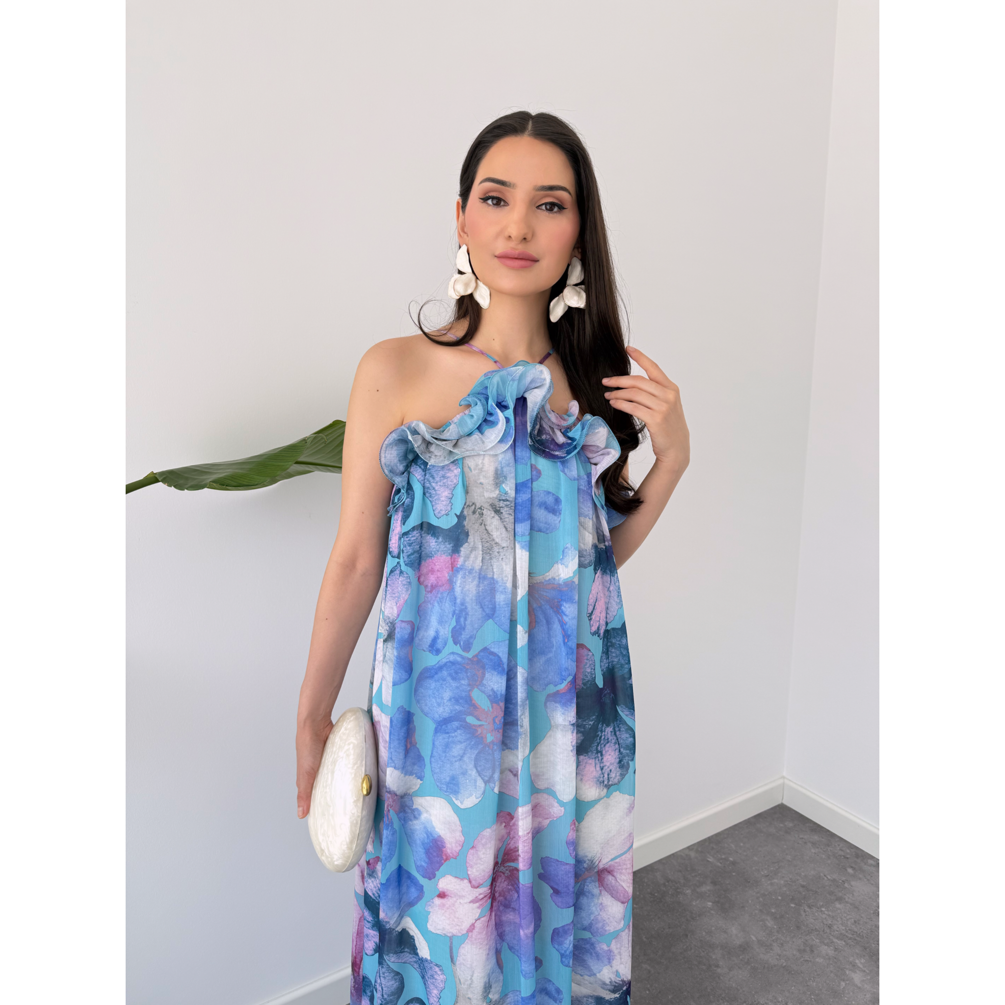 FLORAL PRINT RUFFLE DETAILED CHIFFON DRESS