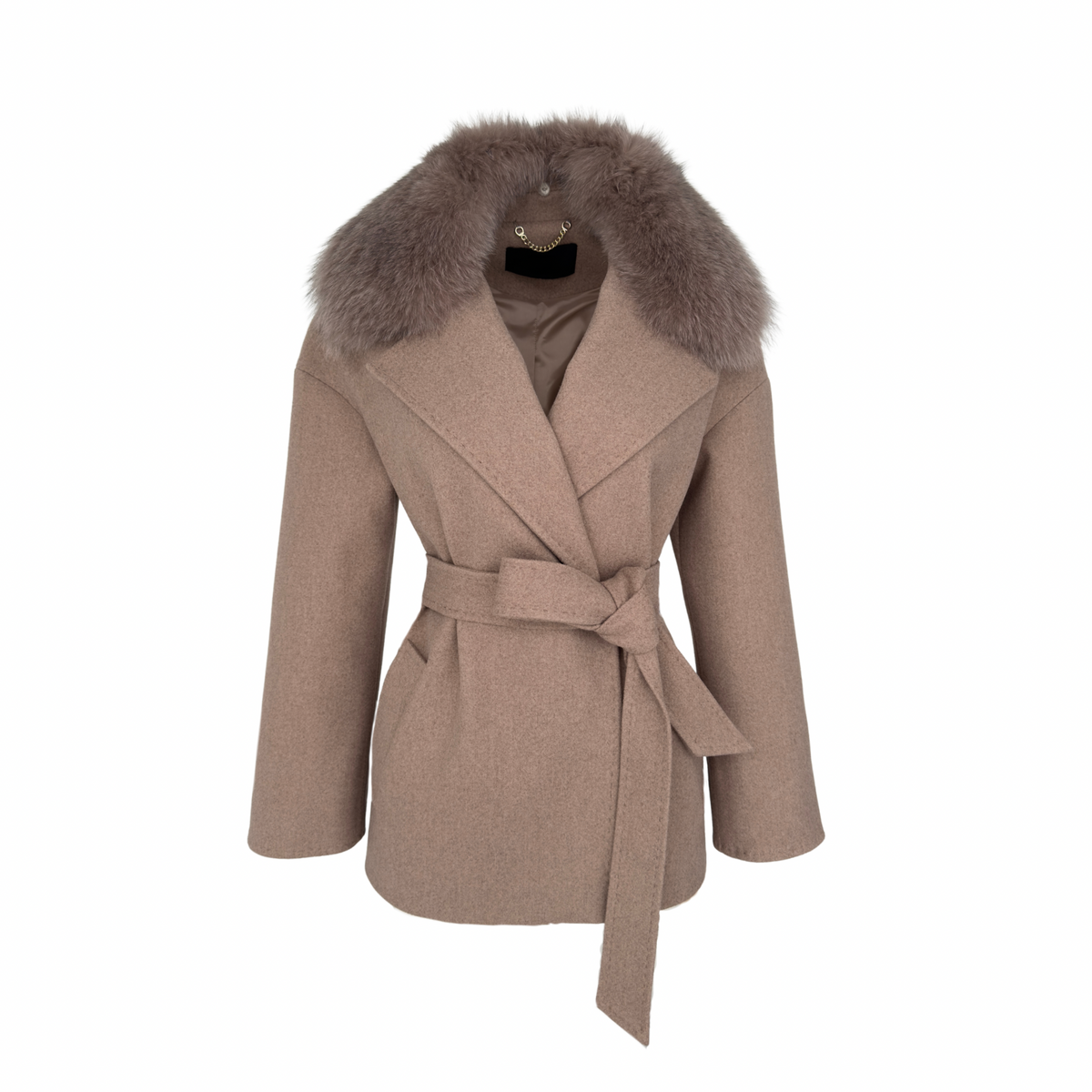 DETACHABLE FUR-TRIMMED WRAP STYLE COAT MINK