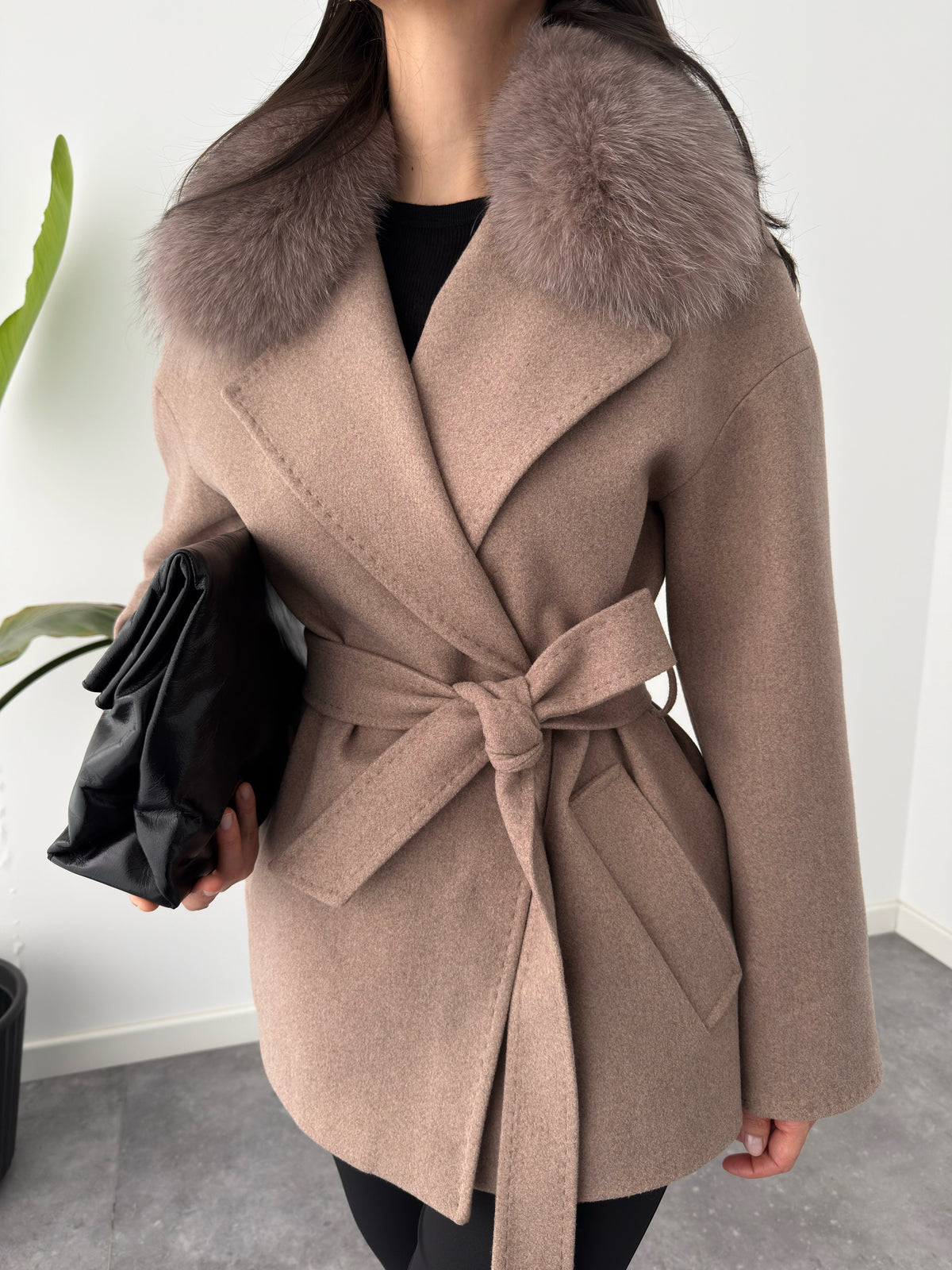 DETACHABLE FUR-TRIMMED WRAP STYLE COAT MINK