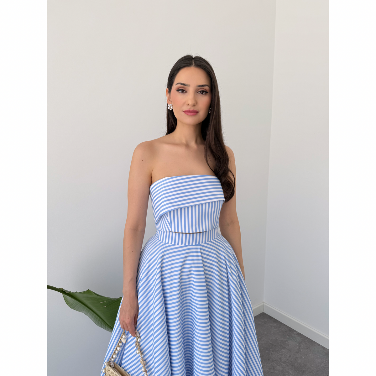 STRIPE DETAIL ASYMMETRIC NECKLINE BUSTIER BLUE