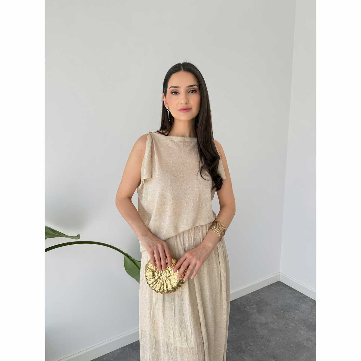 BUTTON SHOULDER DETAIL MERCERISED KNITTED SET