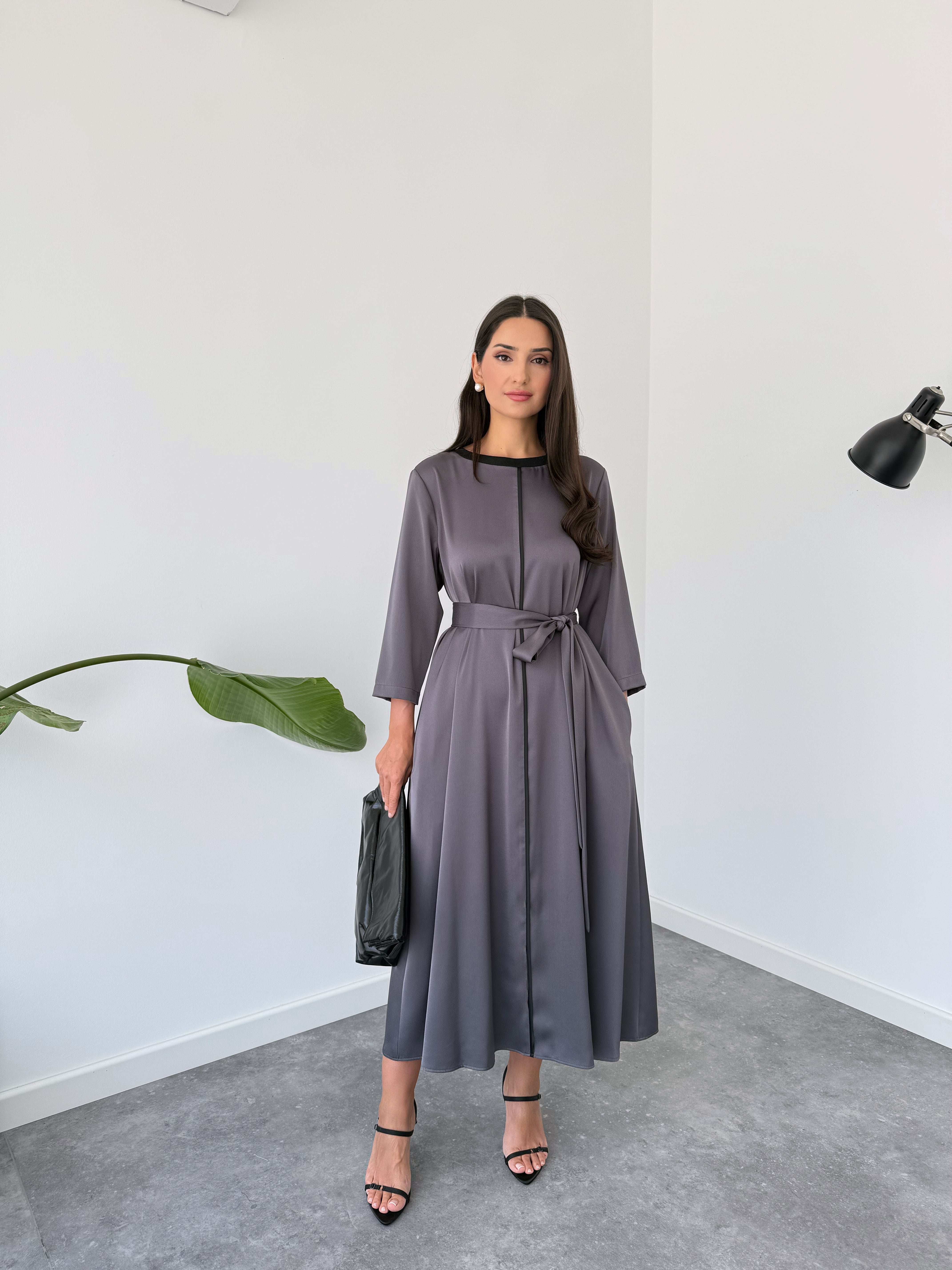 WAIST SASH DETAILED COTTON SATIN DRESS GREY