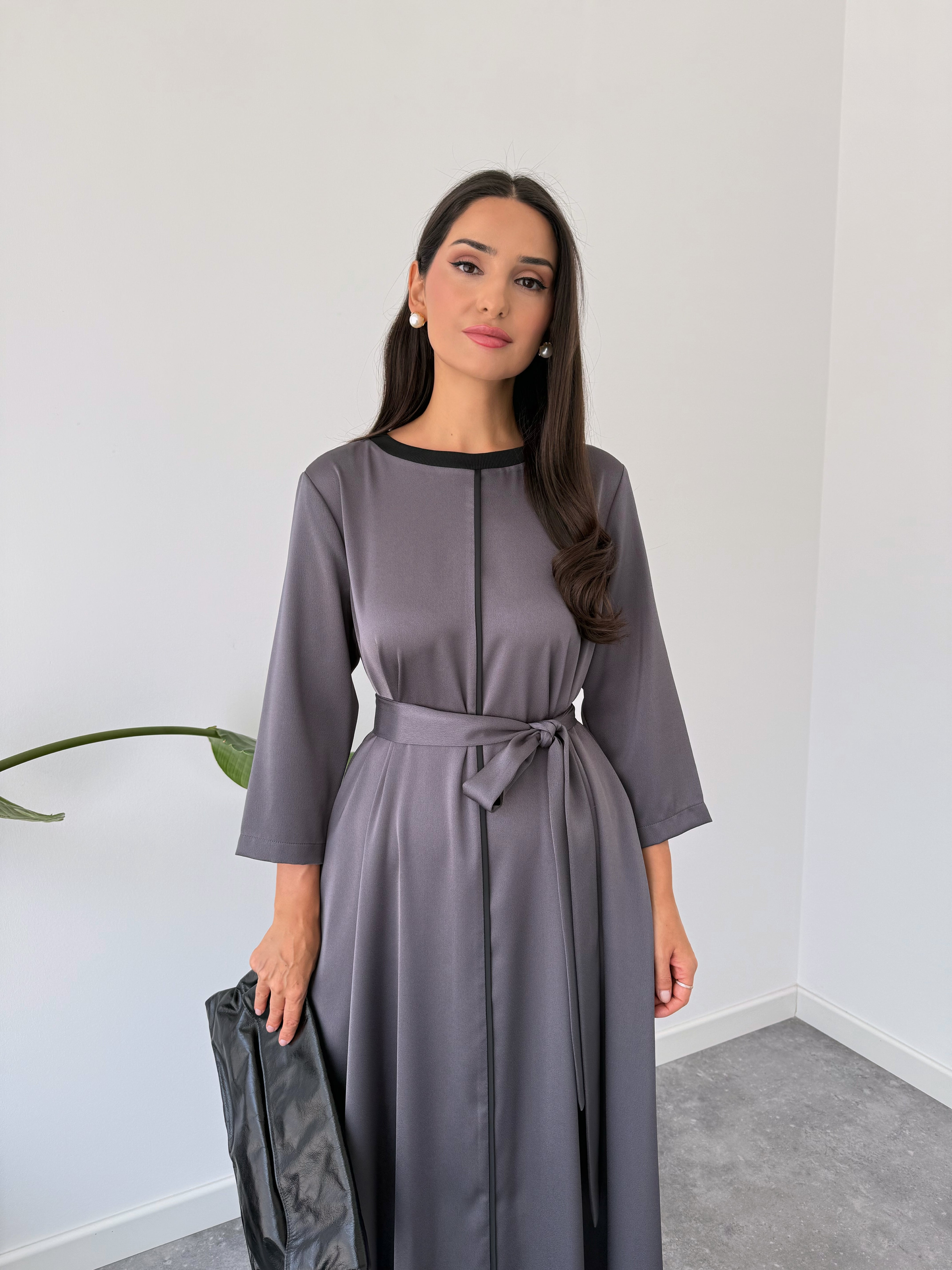WAIST SASH DETAILED COTTON SATIN DRESS GREY