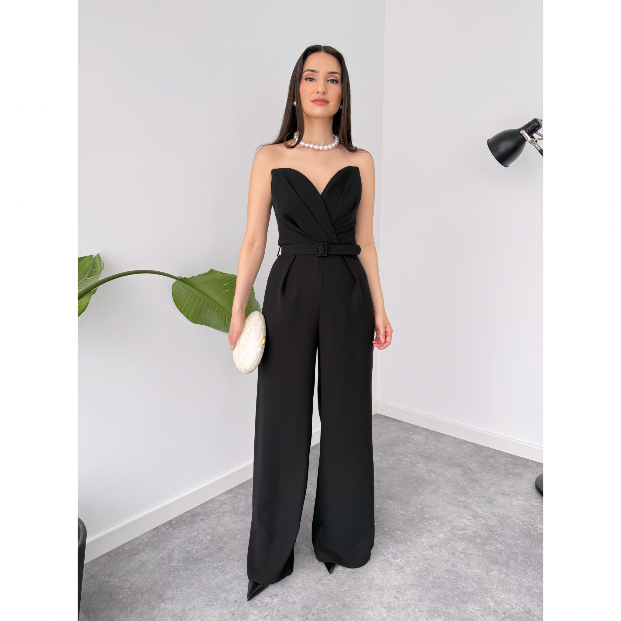 HEART COLLAR STRAPLESS JUMPSUIT BLACK