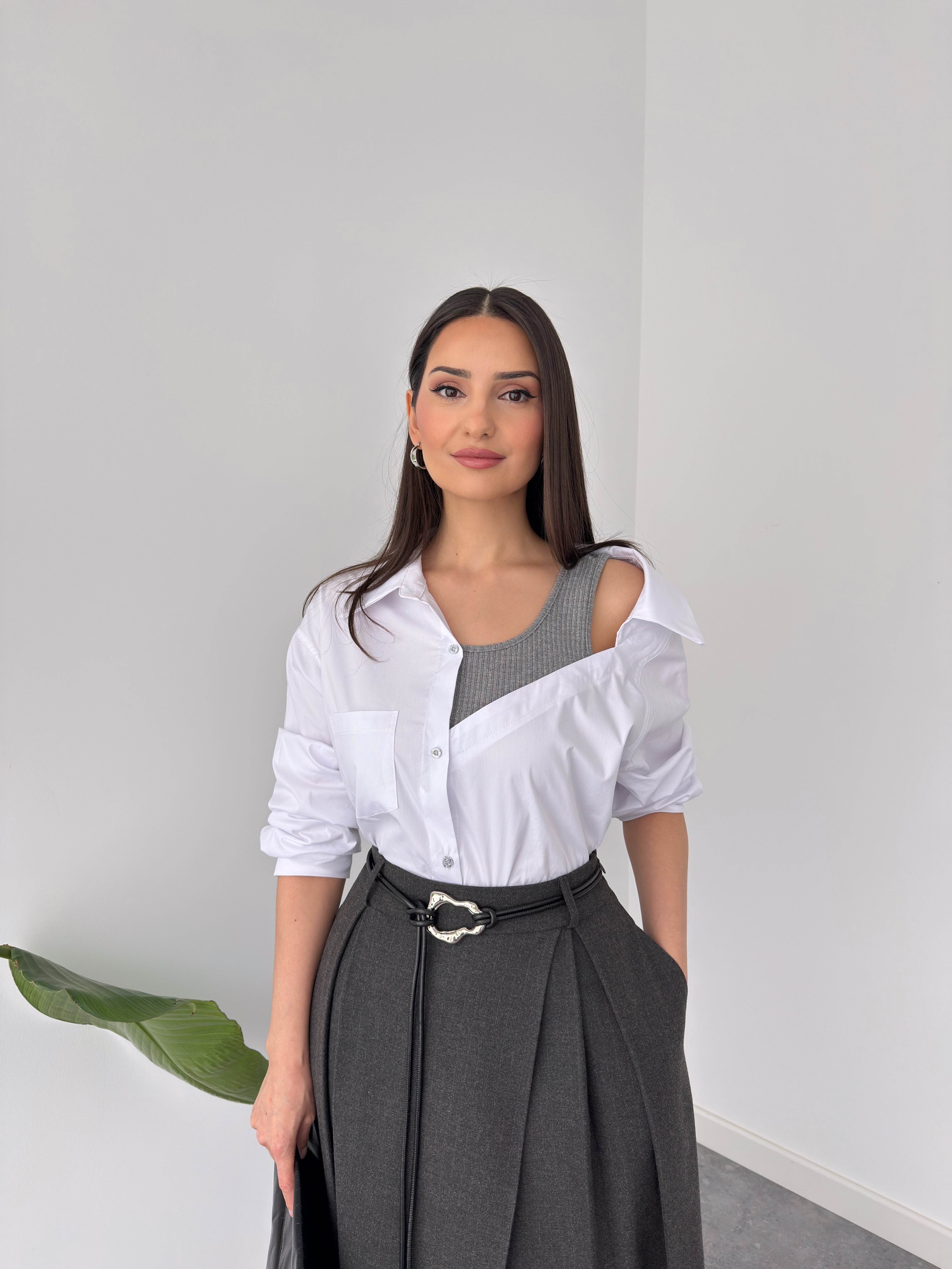 ASYMMETRIC COLLAR TANK TOP MIX COTTON SHIRT