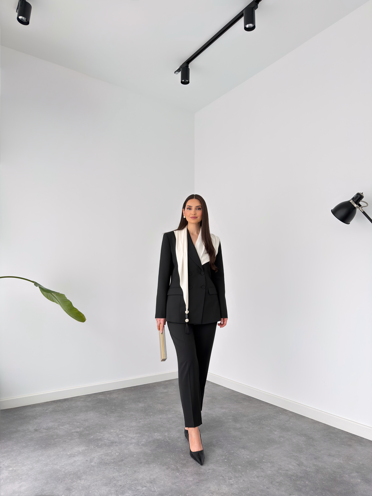 SHAWL DETAIL WRAP JACKET AND TROUSERS SET BLACK