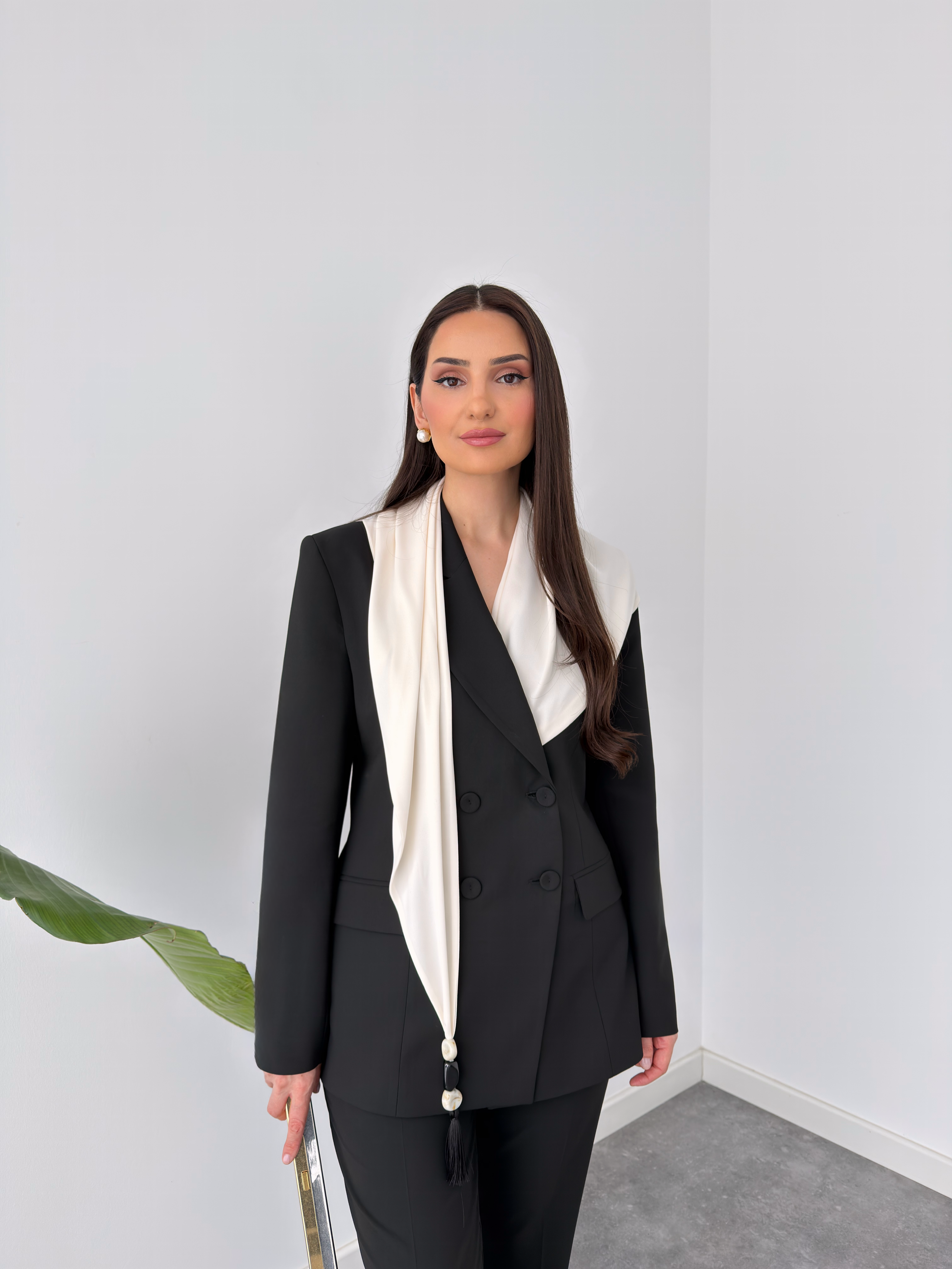 SHAWL DETAIL WRAP JACKET AND TROUSERS SET BLACK