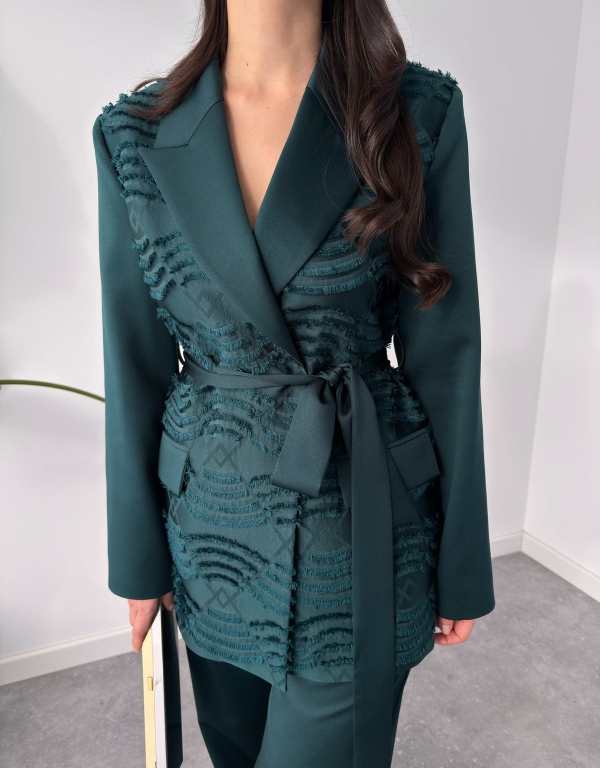 Belted Jacquard Suit Green