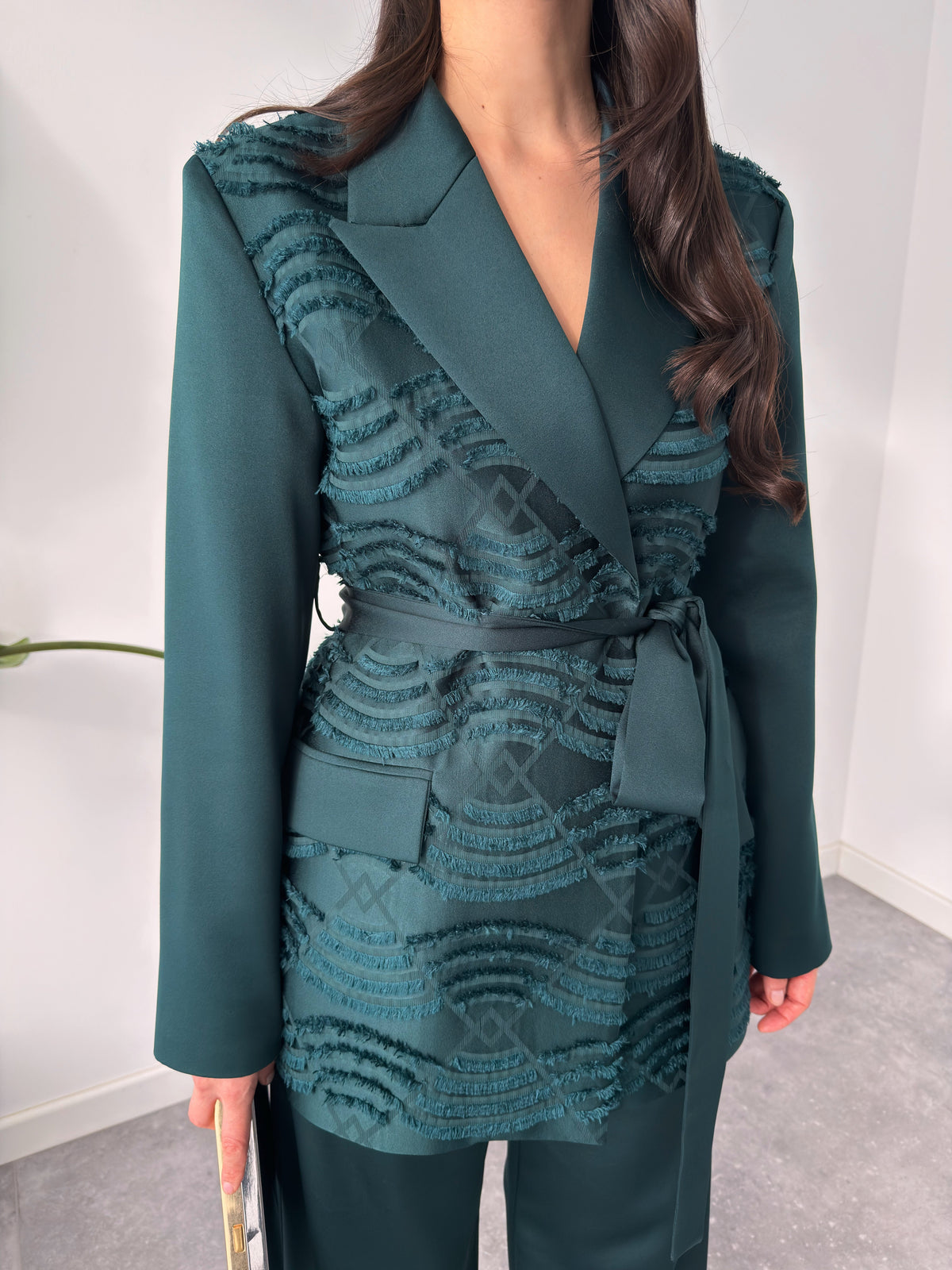 Belted Jacquard Suit Green