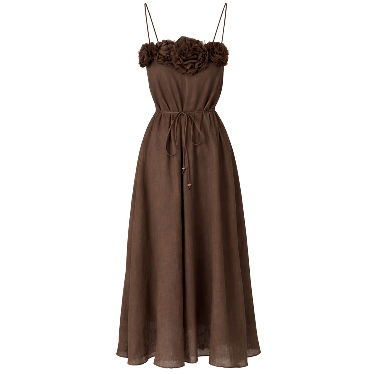 FLORAL APPLIQUÉ CORD STRAPPY LINEN DRESS BROWN