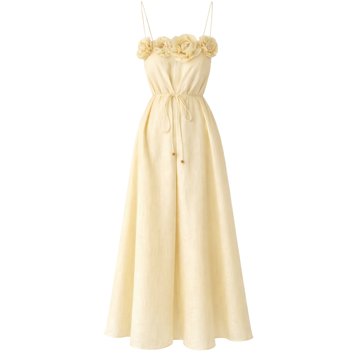 FLORAL APPLIQUÉ CORD STRAPPY LINEN DRESS YELLOW