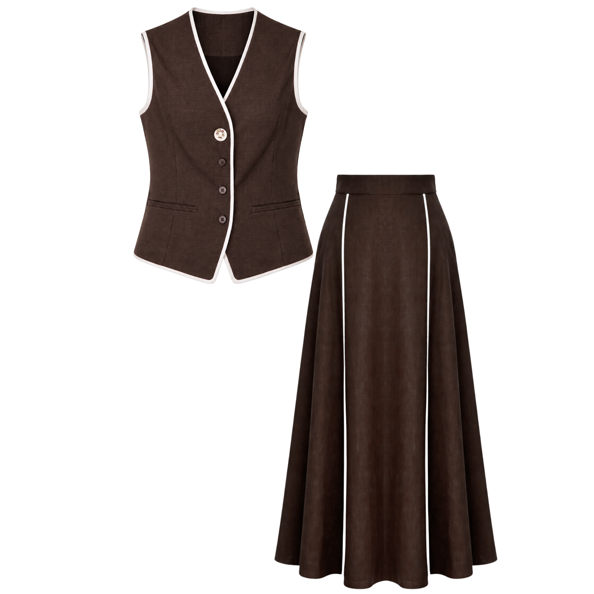 CONTRAST PIPING DETAIL 100% LINEN SET BROWN