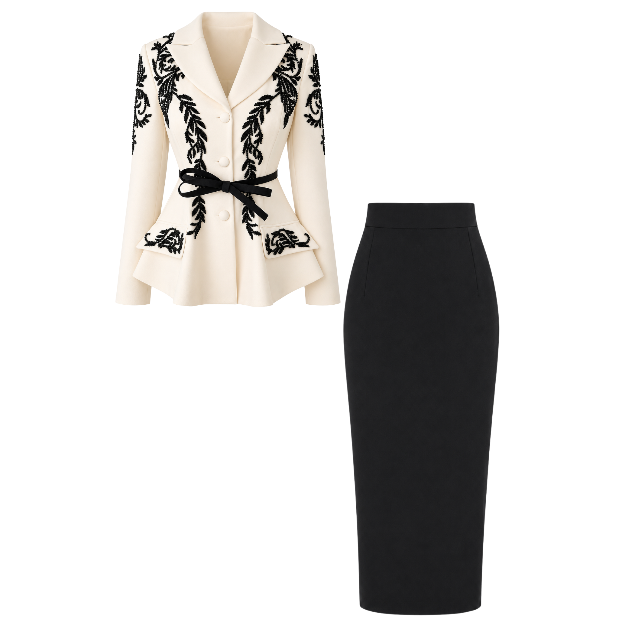 BELT DETAIL EMBROIDERED SHOULDERS SET ECRU