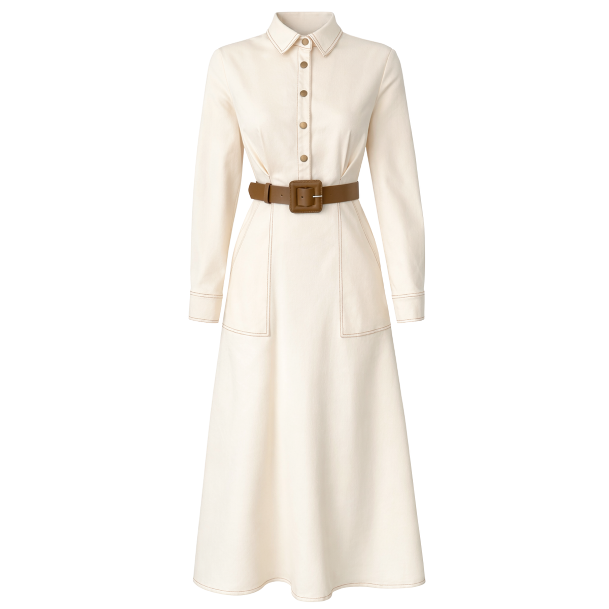 BELTED MAXI LENGTH GABARDINE DRESS ECRU