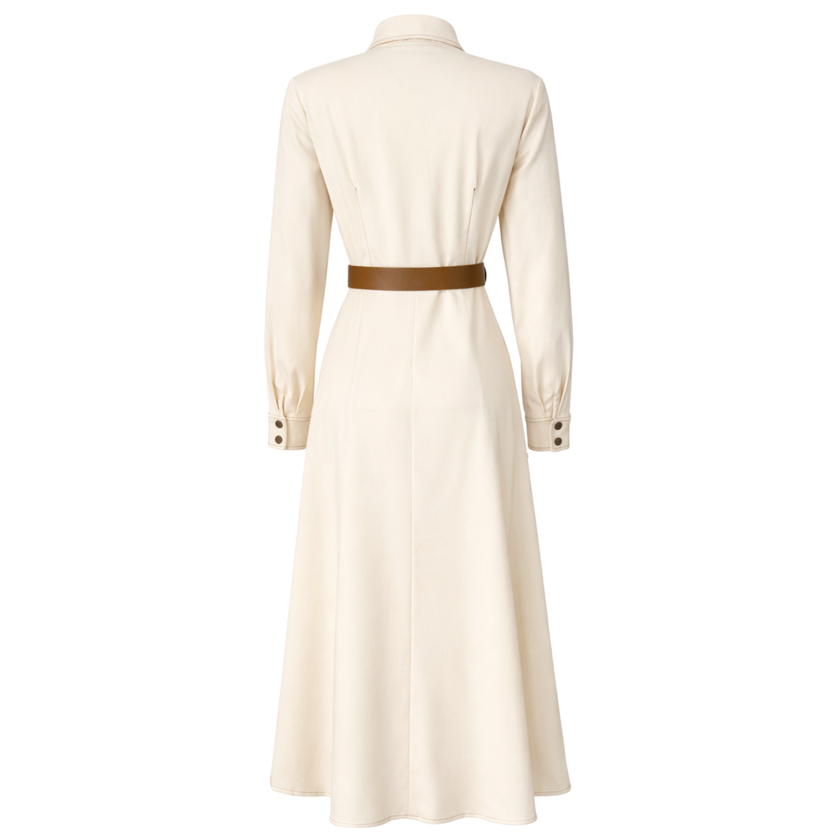 BELTED MAXI LENGTH GABARDINE DRESS ECRU