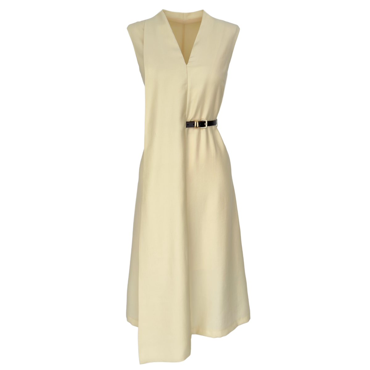 ASYMMETRIC FABRIC DETAIL BELTED TENCEL DRESS YELLOW
