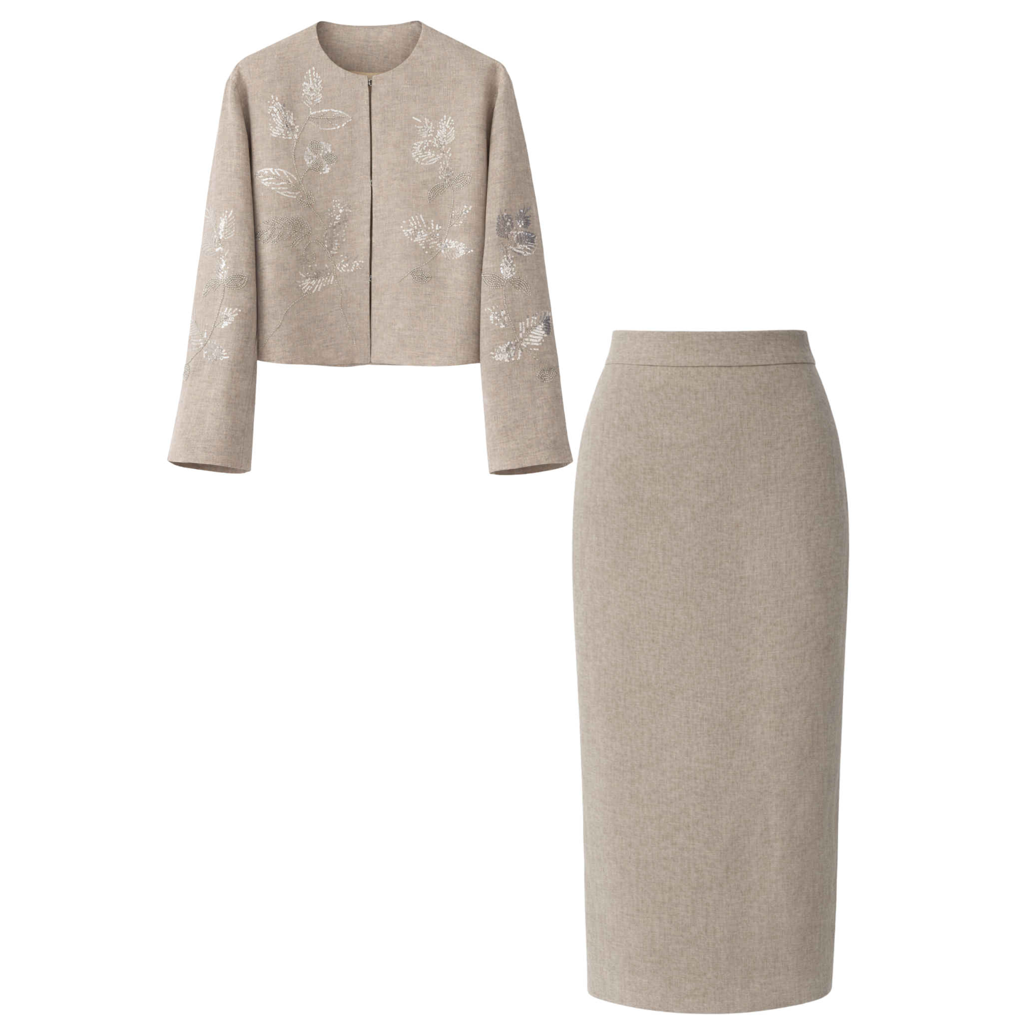 SEQUIN EMBROIDERED 100% LINEN SET BEIGE
