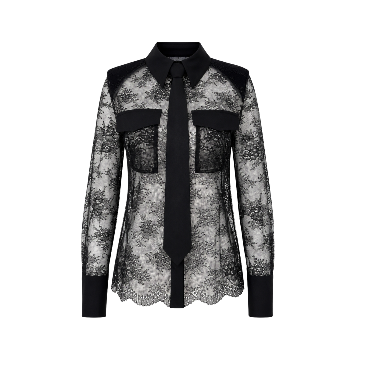 TIE DETAIL LACE SHEER SHIRT BLACK