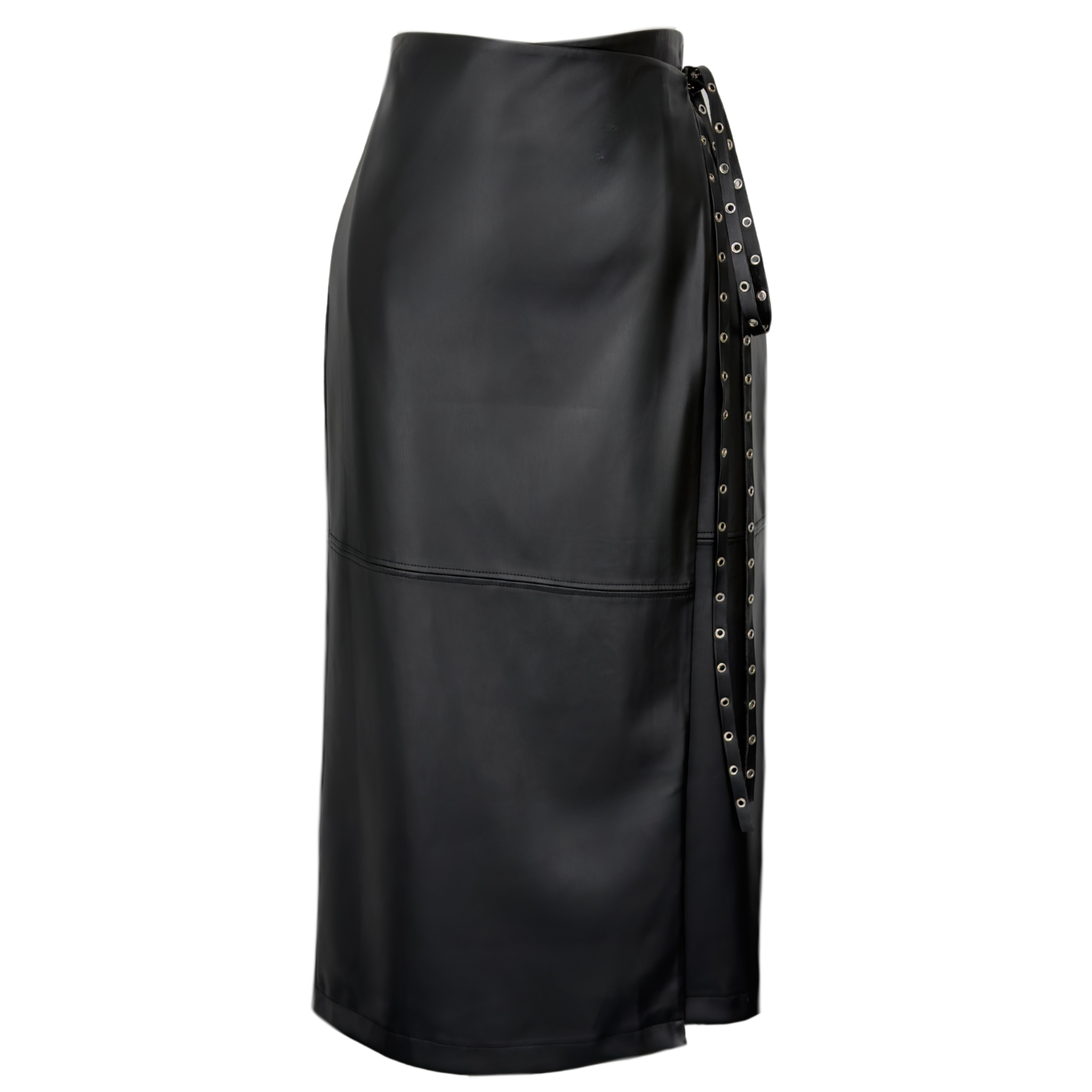 WRAP TIE-FASTENING FAUX LEATHER SKIRT BLACK
