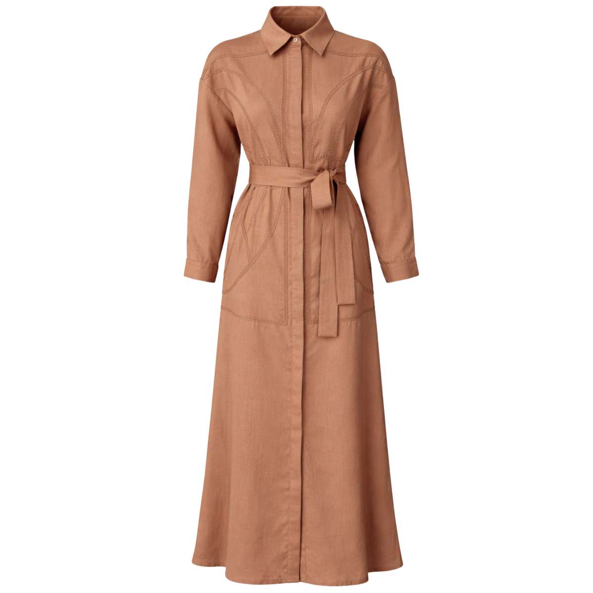 EMBROIDERY DETAIL MAXI LENGTH LINEN DRESS CARAMEL