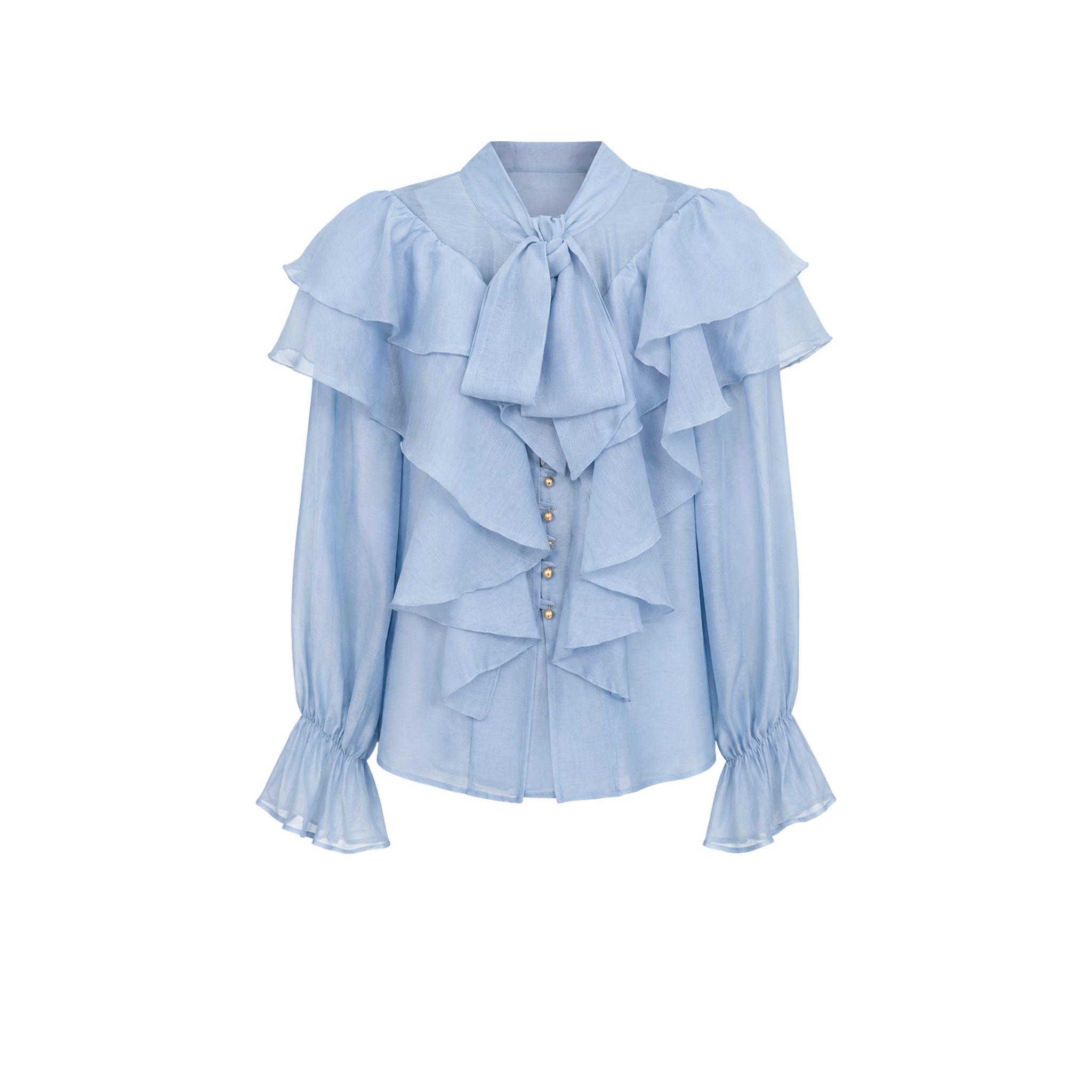 TIE-FASTENING RUFFLED COLLAR BLOUSE BLUE