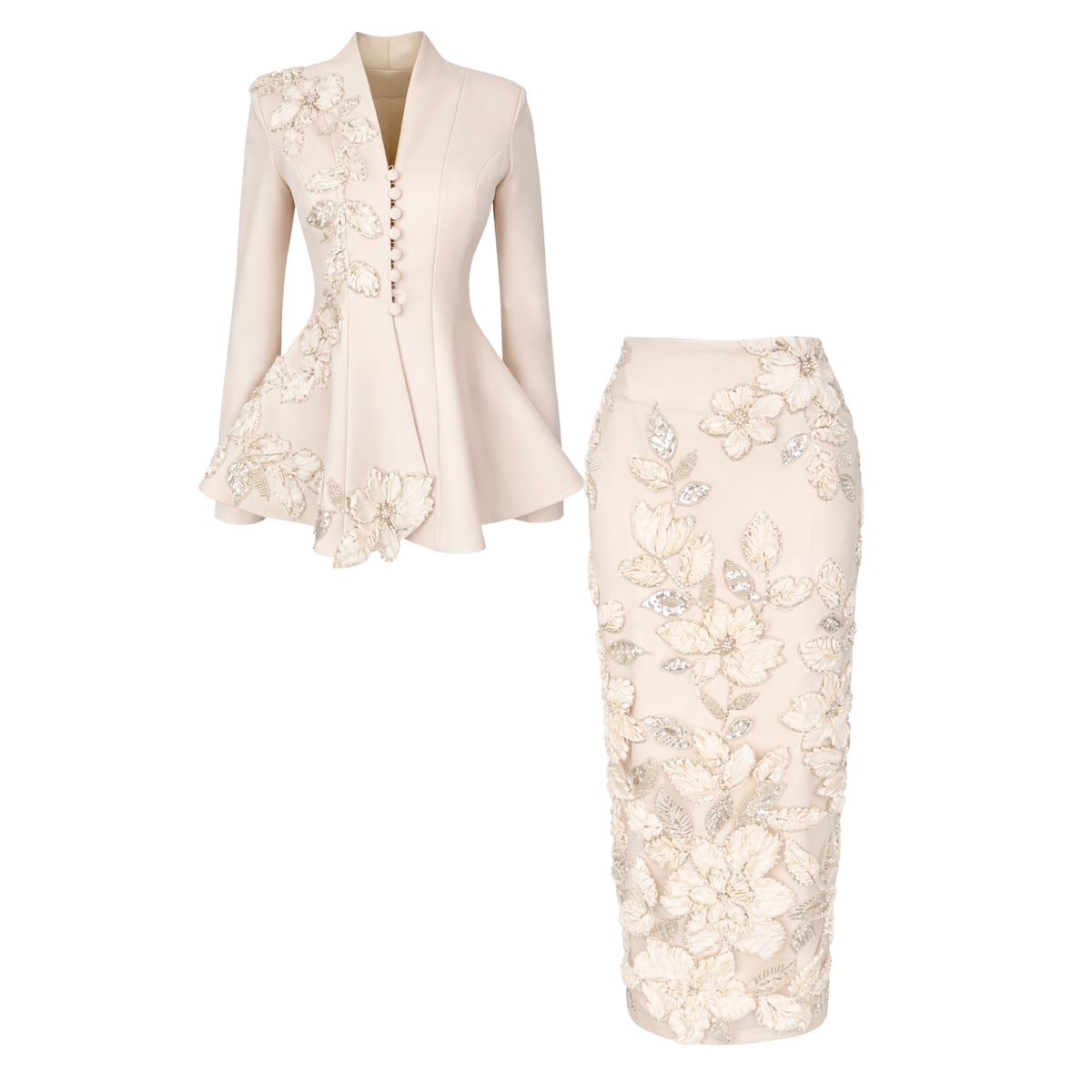 MIMOSA EMBROIDERED SKIRT AND JACKET SET ECRU