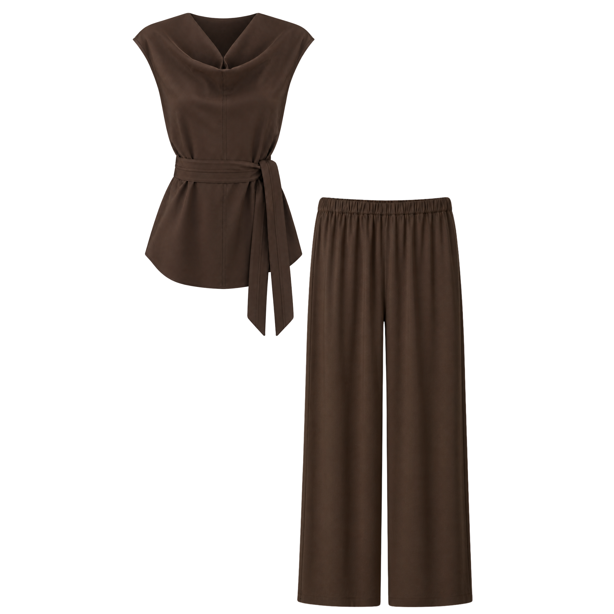 BELTED WAIST COLLAR DETAIL MODAL SET DARK BROWN
