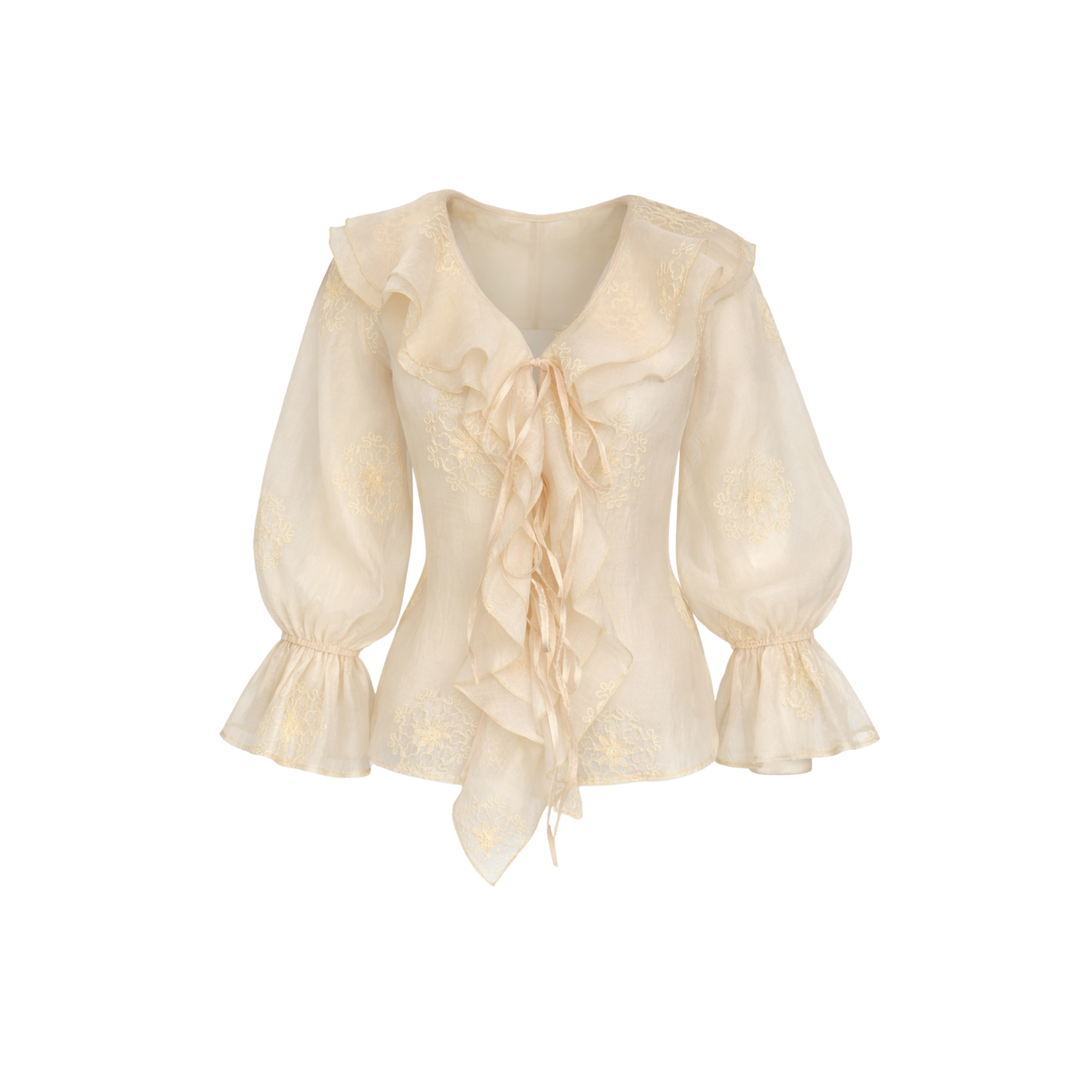 EMBROIDERY DETAIL SEMI-SHEER BLOUSE CREAM