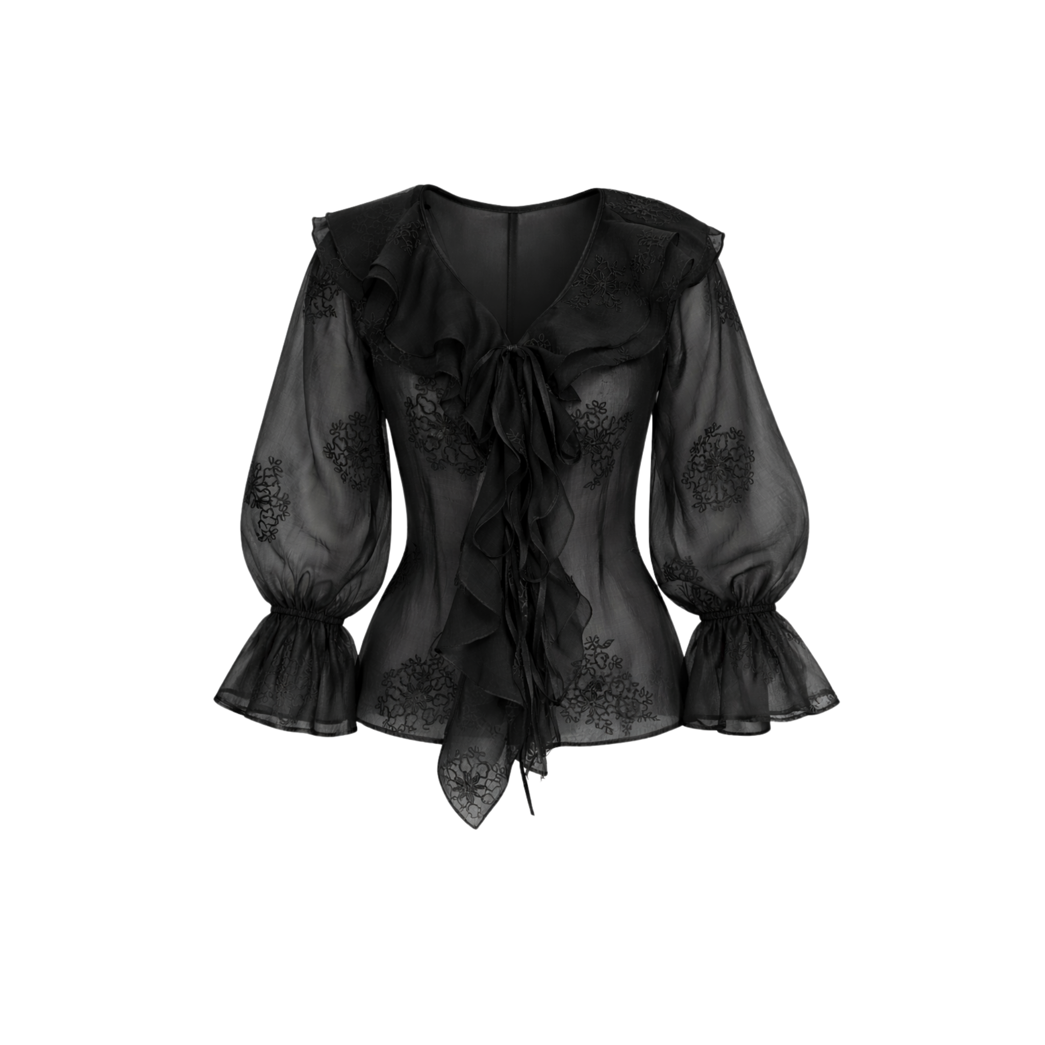 EMBROIDERY DETAIL SEMI-SHEER BLOUSE BLACK