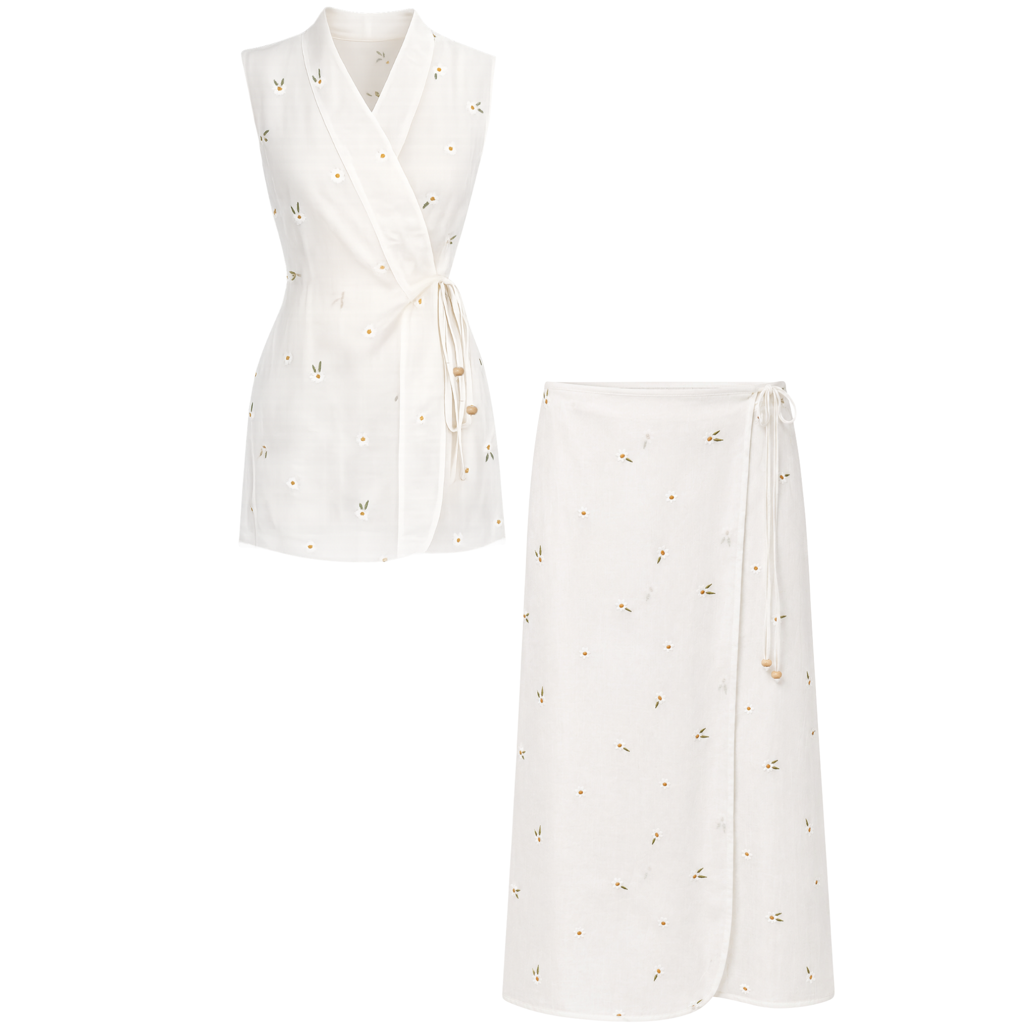 SEMI-SHEER EMBROIDERY DETAIL LINEN SET WHITE
