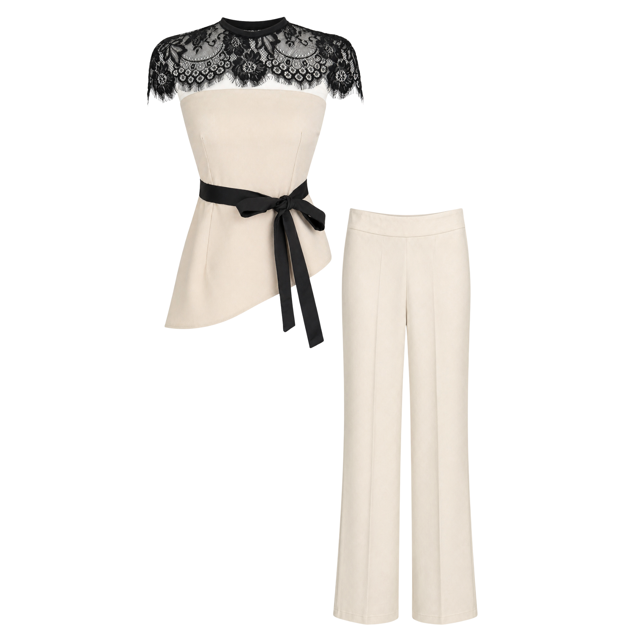LACE SHOULDER DETAIL BLOUSE AND TROUSERS SET STONE