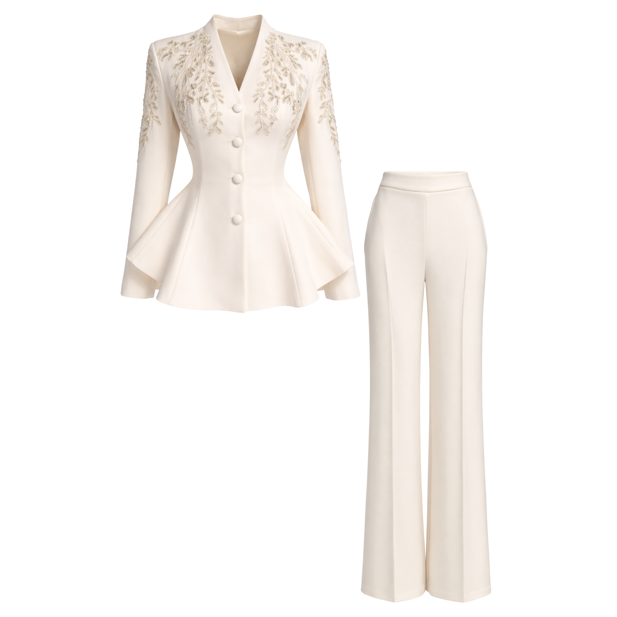 EMBROIDERY SHOULDERS DETAIL JACKET AND TROUSERS SET ECRU
