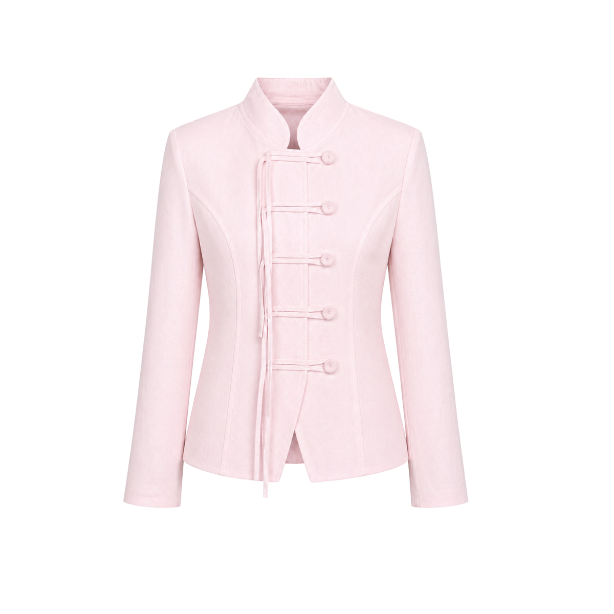HIGH NECK BUTTON DETAIL 100% LINEN JACKET PINK