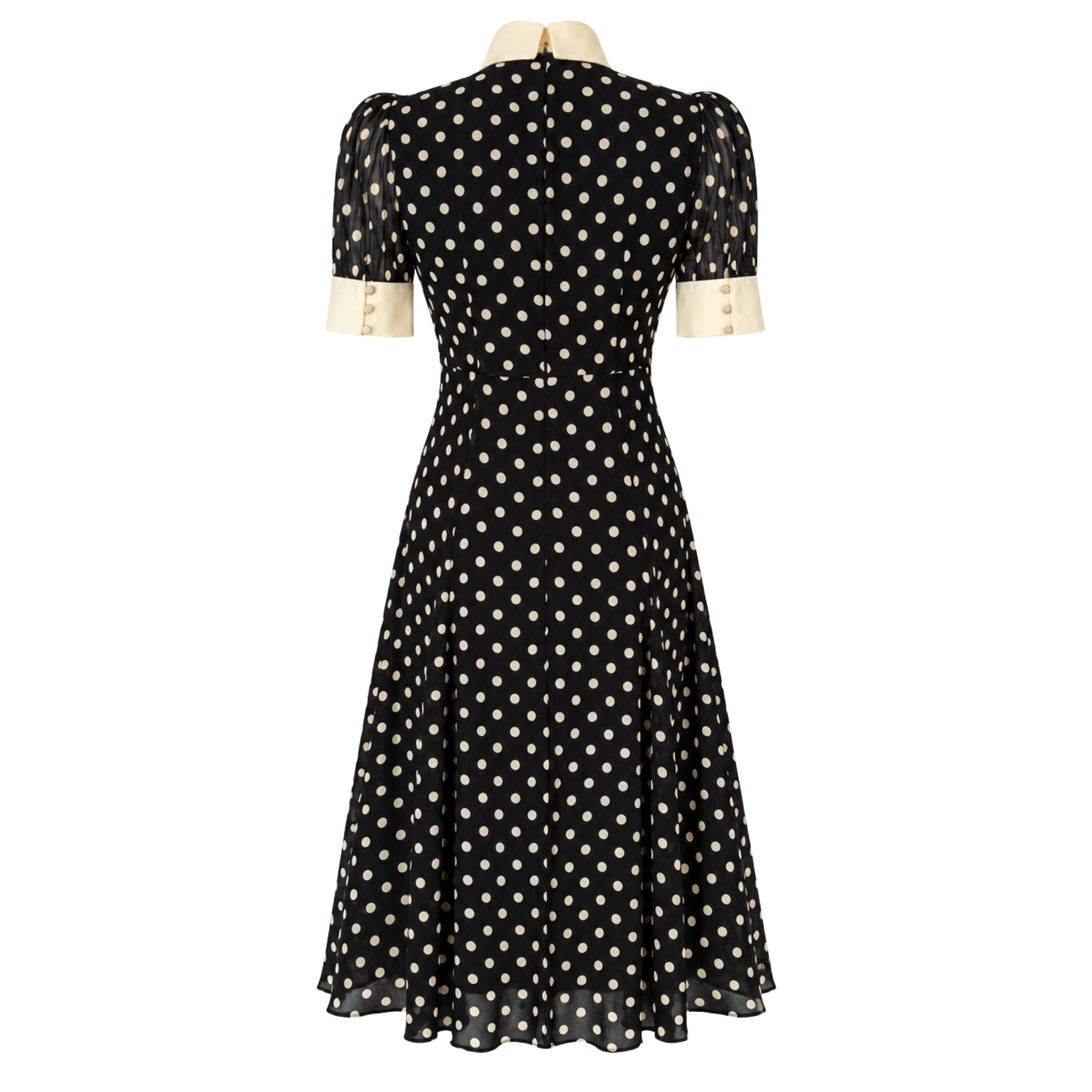 COLLAR AND SLEEVE DETAIL POLKA DOT CHIFFON DRESS BLACK