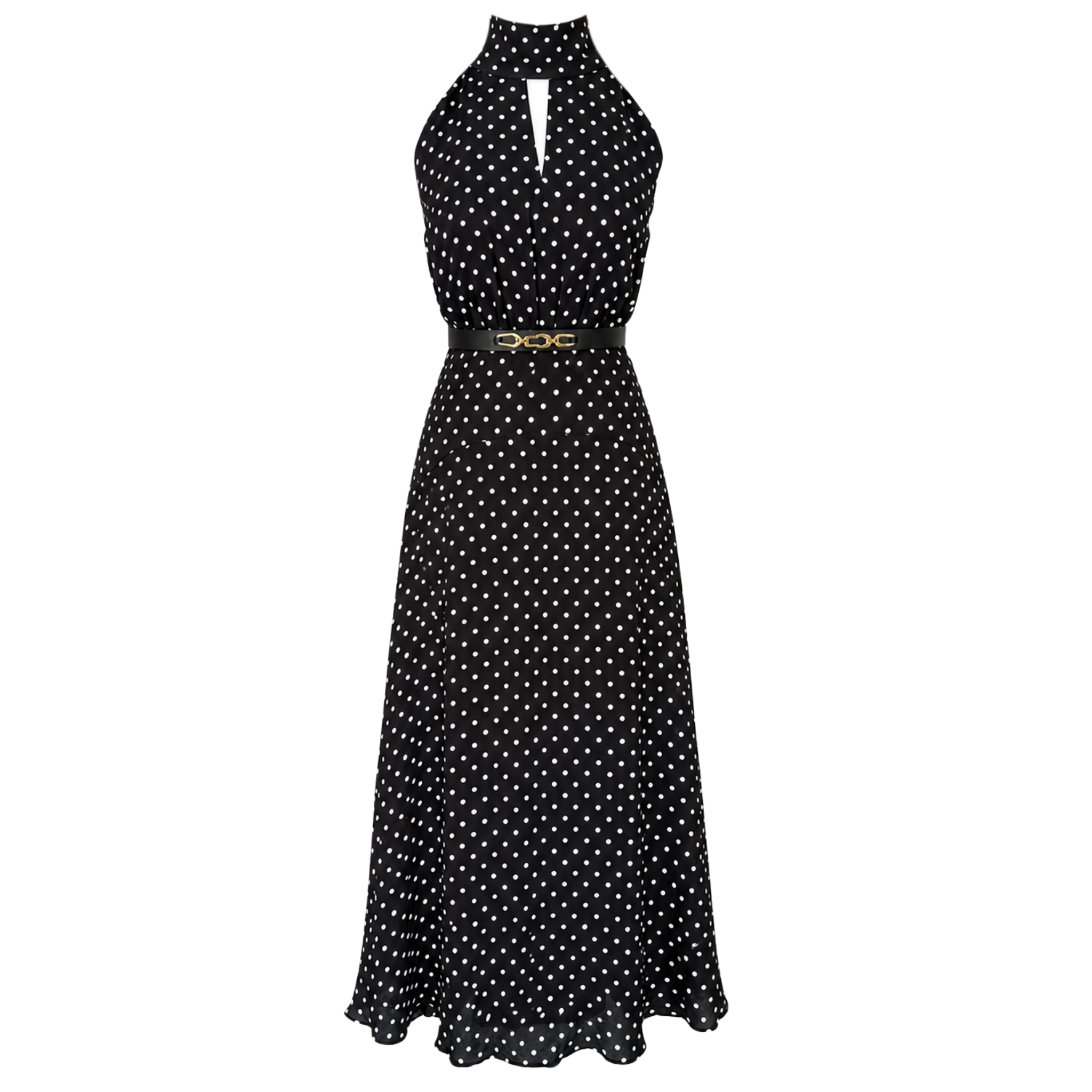 AT THE NECK TIE-FASTENING POLKA DOT PATTERN DRESS BLACK
