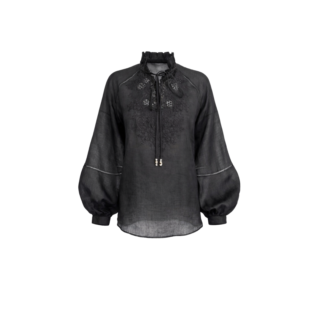EMBROIDERY DETAIL 100% RAMIE BLOUSE BLACK